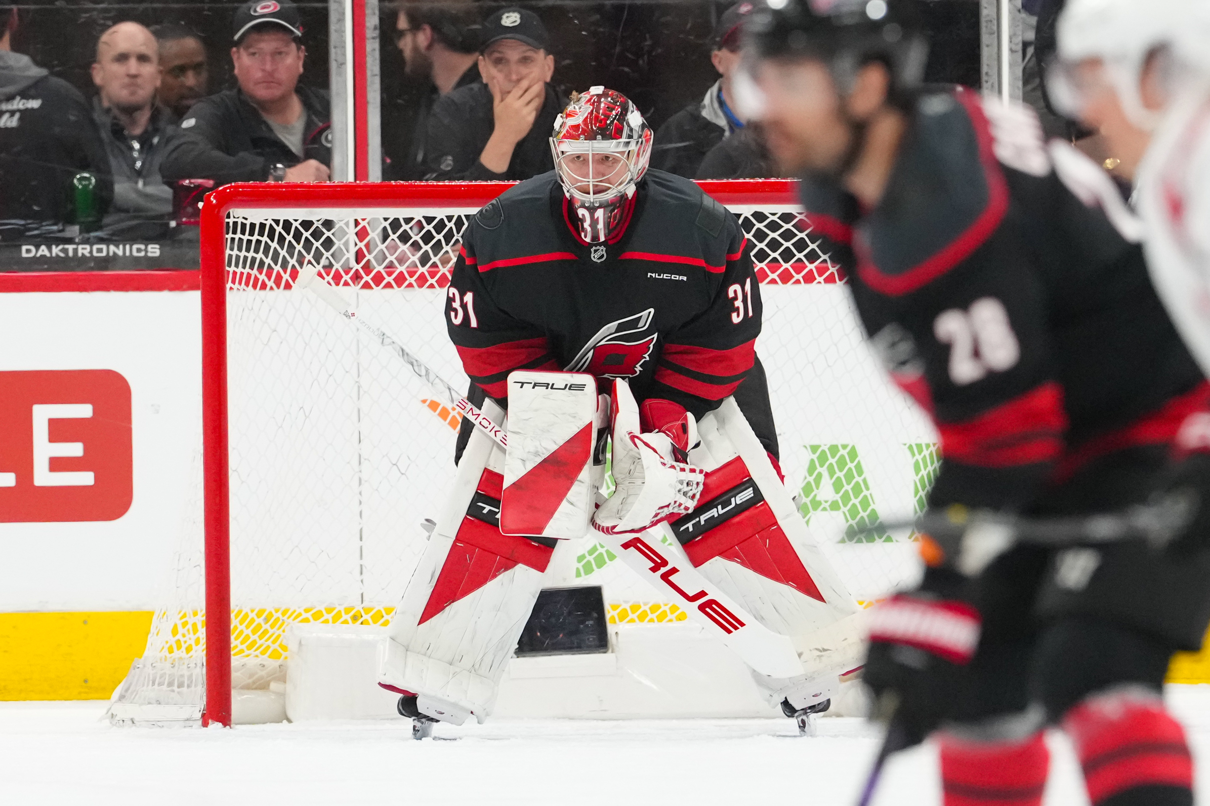 Apr 18, 2026; Raleigh, North Carolina, USA; Carolina Hurricanes goaltender Frederik Andersen (31) looks against the Ottawa Senators during the third period in game one of the first round of the 2026 Stanley Cup Playoffs at Lenovo Center. Mandatory Credit: James Guillory-Imagn Images