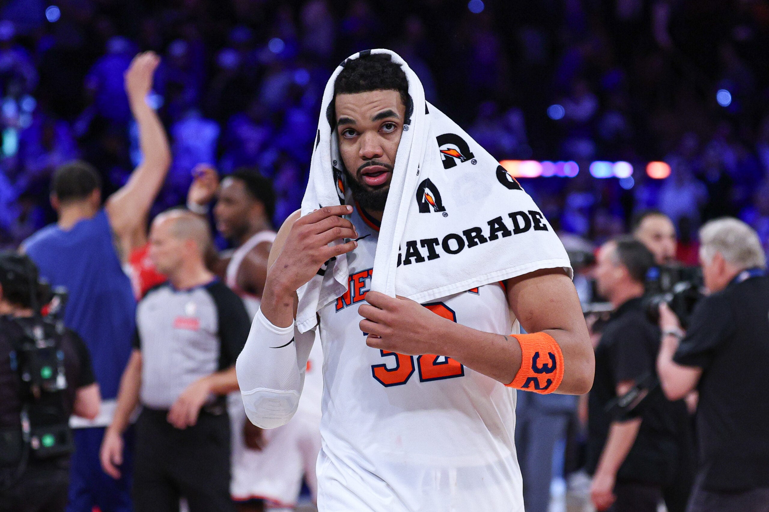 Apr 18, 2026; New York, New York, USA; New York Knicks center Karl-Anthony Towns (32) on the court after defeating the Atlanta Hawks of the 2026 NBA Playoffs at Madison Square Garden. Mandatory Credit: Vincent Carchietta-Imagn Images