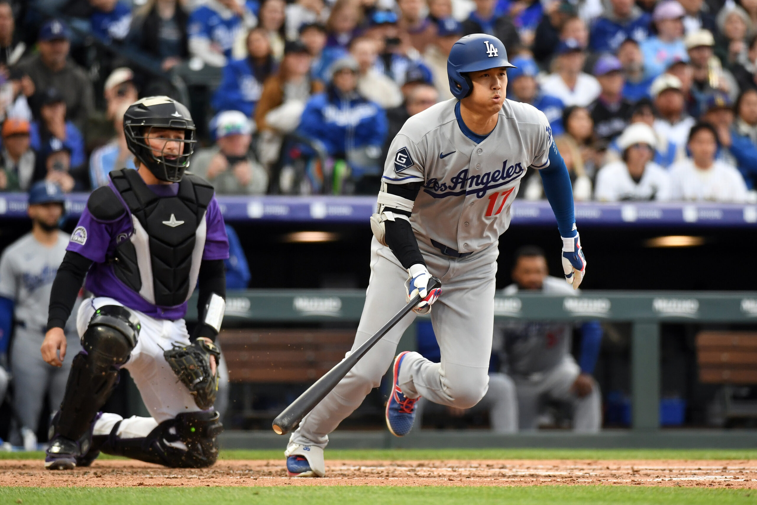 Apr 18, 2026; Denver, Colorado, USA; Los Angeles Dodgers designated hitter Shohei Ohtani (17) grounds out during the third inning against the Colorado Rockies at Coors Field. Mandatory Credit: Christopher Hanewinckel-Imagn Images