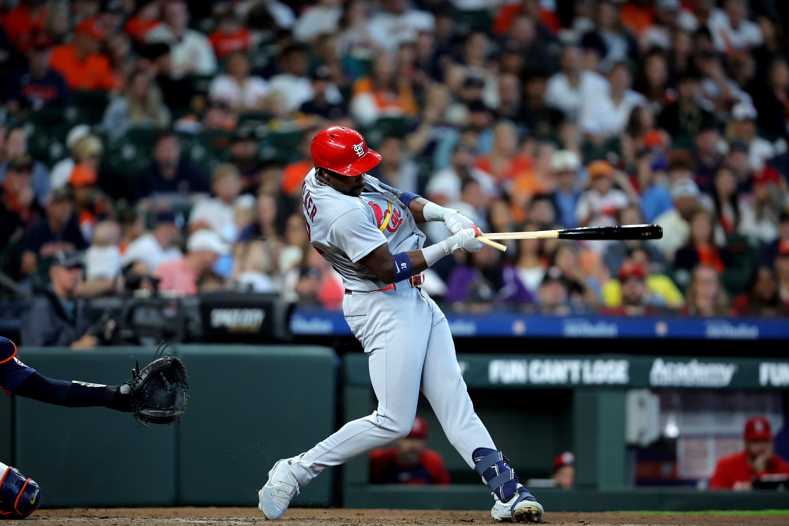 Apr 19, 2026; Houston, Texas, USA; St. Louis Cardinals right fielder Jordan Walker (18) breaks hit bat while swinging at a pitch against the Houston Astros during the fifth inning at Daikin Park. Mandatory Credit: Erik Williams-Imagn Images