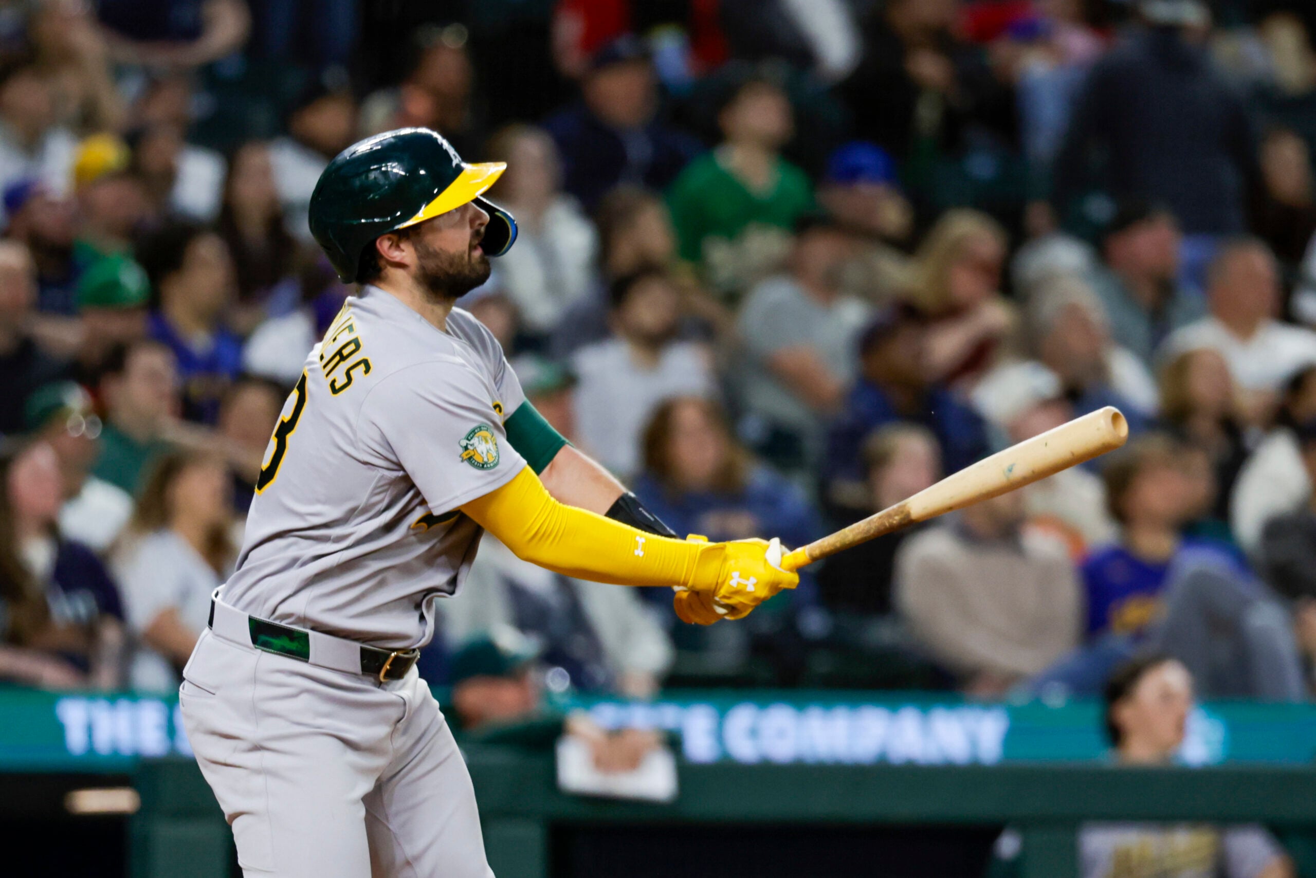 Apr 20, 2026; Seattle, Washington, USA; Athletics catcher Shea Langeliers (23) hits a home run against the Seattle Mariners during the sixth inning at T-Mobile Park. Mandatory Credit: Joe Nicholson-Imagn Images