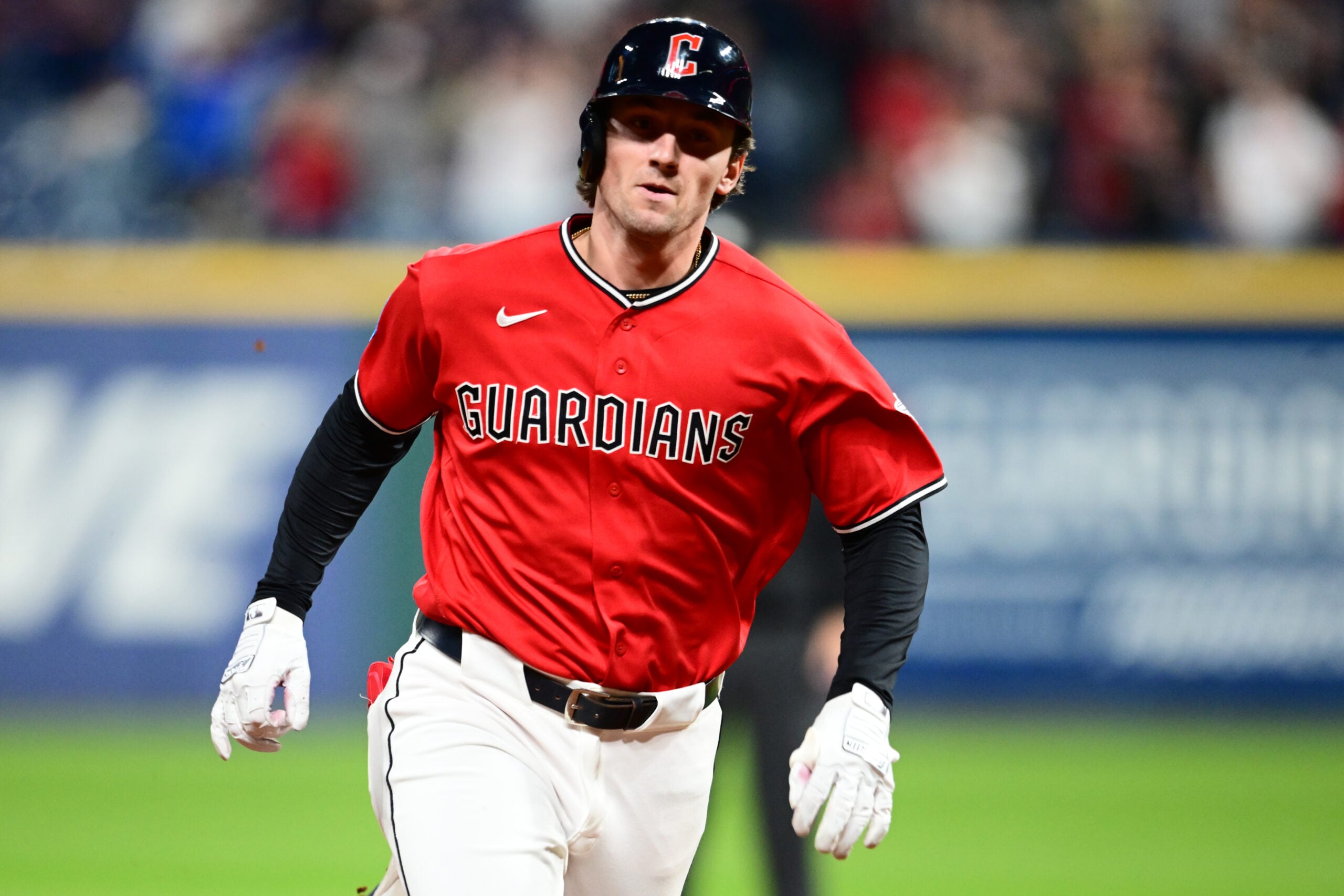 Apr 21, 2026; Cleveland, Ohio, USA; Cleveland Guardians designated hitter Chase DeLauter (24) runs to third base with an RBI triple during the eighth inning against the Houston Astros at Progressive Field. Mandatory Credit: Ken Blaze-Imagn Images