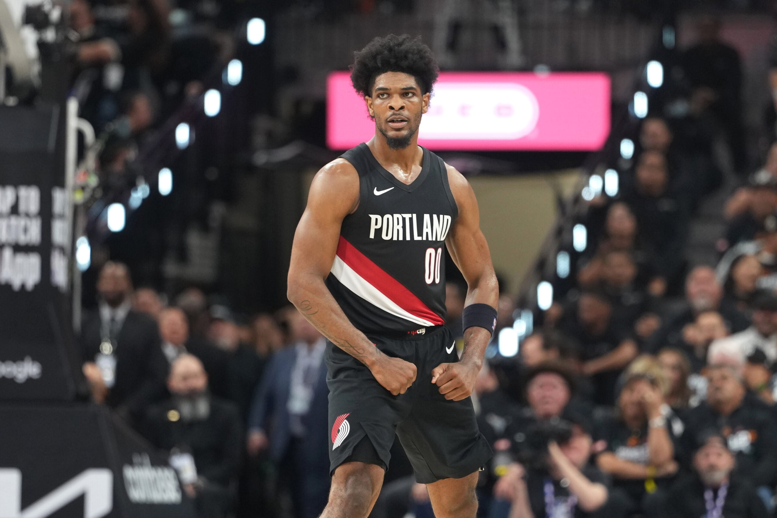 Apr 21, 2026; San Antonio, Texas, USA; Portland Trail Blazers guard Scoot Henderson (0) reacts after scoring a three point basket during the second half of game two of the first round of the 2026 NBA Playoffs against the San Antonio Spurs at Frost Bank Center. Mandatory Credit: Scott Wachter-Imagn Images