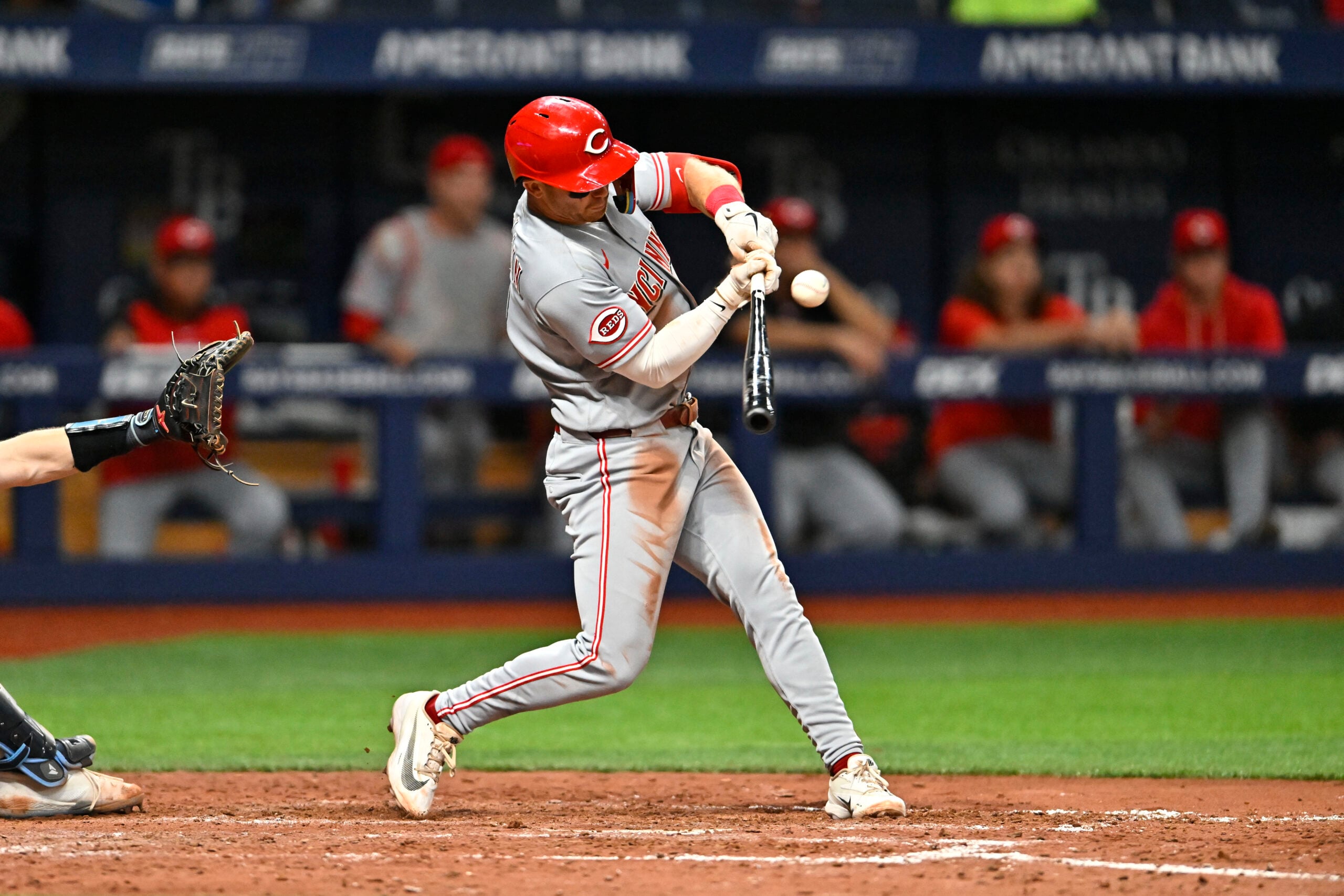 Apr 21, 2026; St. Petersburg, Florida, USA; Cincinnati Reds infielder Matt McLain (9) hits during the seventh inning against Tampa Bay Rays at Tropicana Field. Mandatory Credit: Pablo Robles-Imagn Images