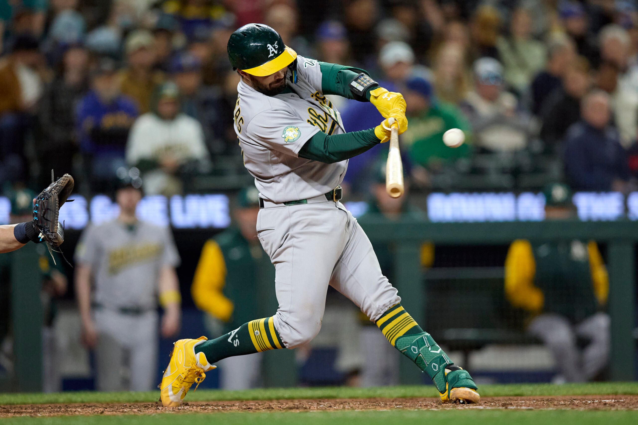 Apr 21, 2026; Seattle, Washington, USA; Athletics catcher Shea Langeliers (23) hits a solo home run during the seventh inning against the Seattle Mariners at T-Mobile Park. Mandatory Credit: John Froschauer-Imagn Images