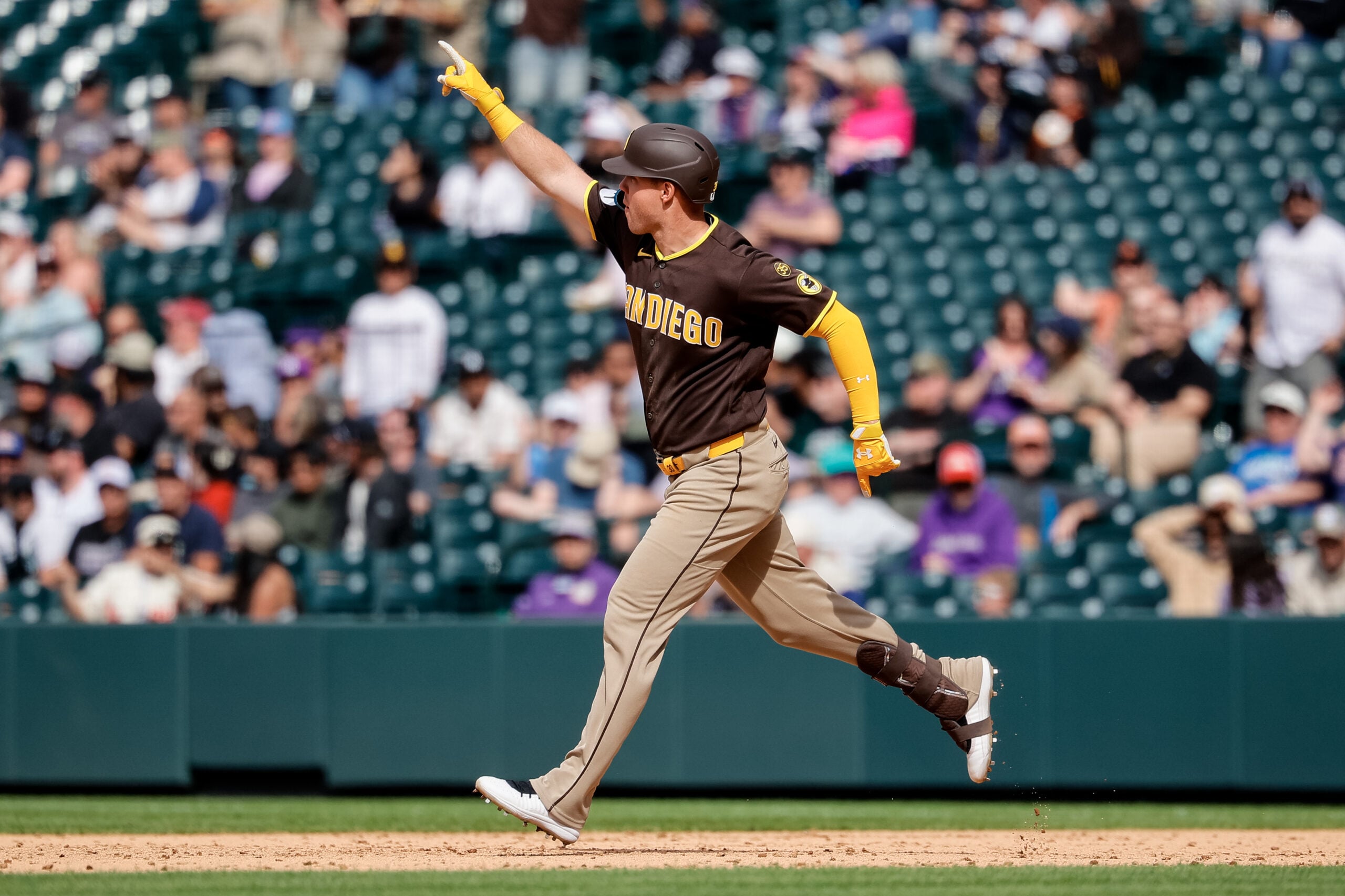 Apr 23, 2026; Denver, Colorado, USA; San Diego Padres first baseman Gavin Sheets (30) rounds the bases on a three run home run in the ninth inning against the Colorado Rockies at Coors Field. Mandatory Credit: Isaiah J. Downing-Imagn Images