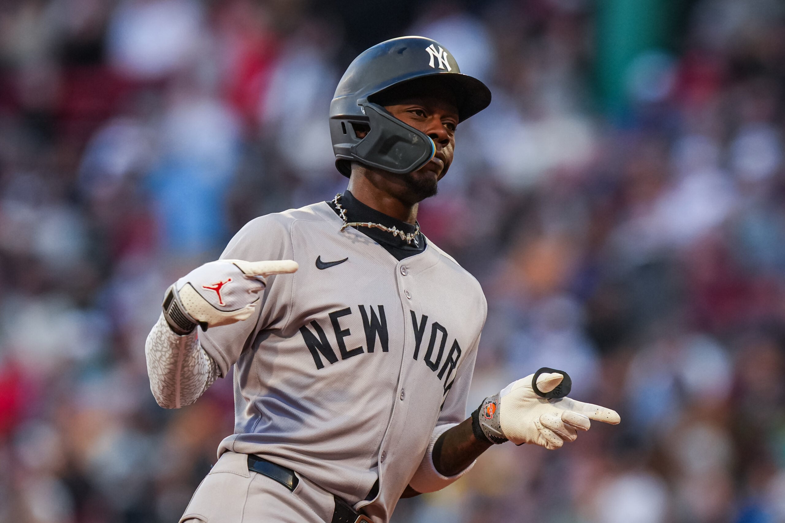 Apr 23, 2026; Boston, Massachusetts, USA; New York Yankees second baseman Jazz Chisholm Jr. (13) rounds the bases after hitting a home run against the Boston Red Sox in the fifth inning at Fenway Park. Mandatory Credit: David Butler II-Imagn Images