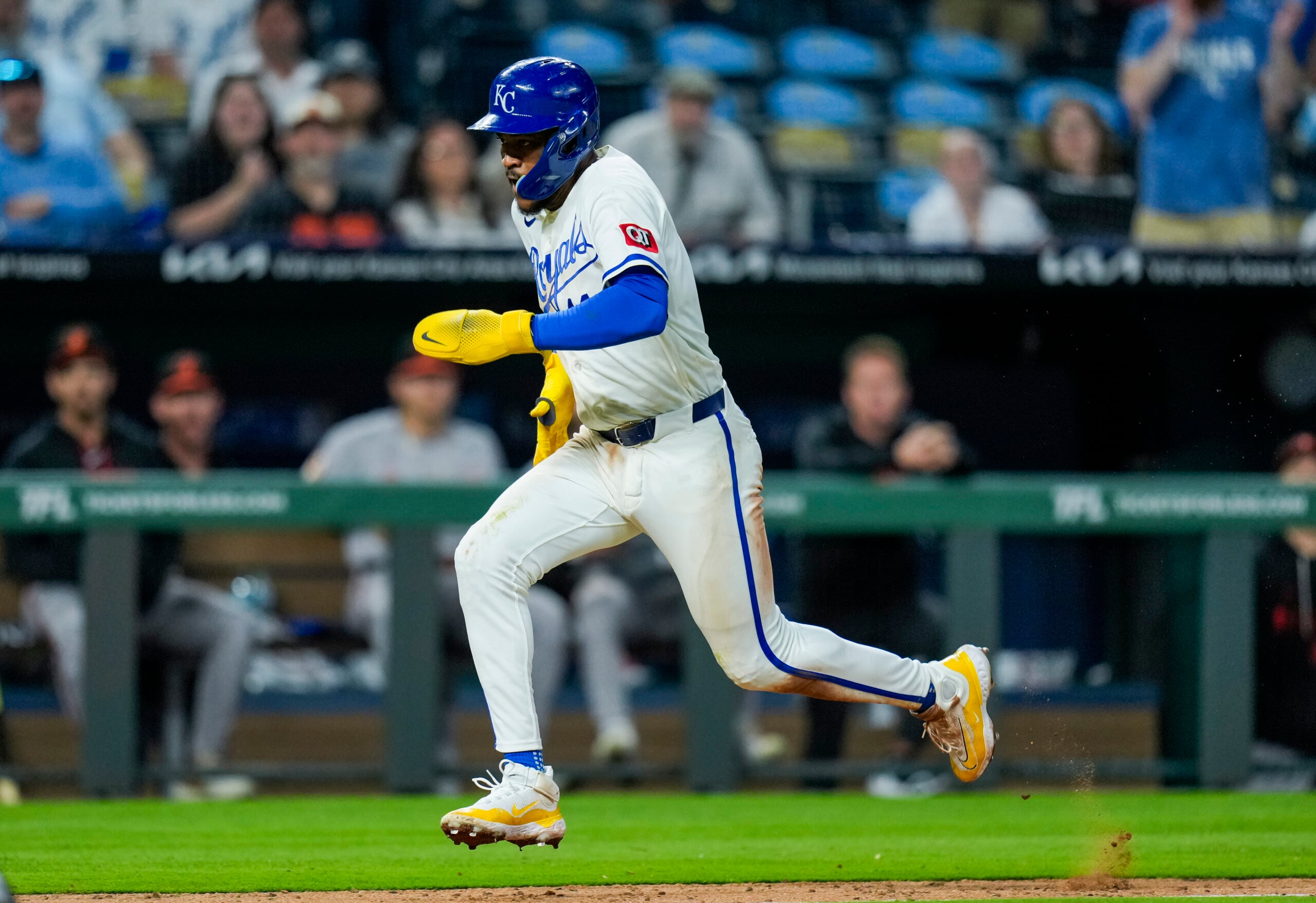 Apr 21, 2026; Kansas City, Missouri, USA; Kansas City Royals third baseman Maikel Garcia (11) scores the game winning run during the ninth inning against the Baltimore Orioles at Kauffman Stadium. Mandatory Credit: Jay Biggerstaff-Imagn Images