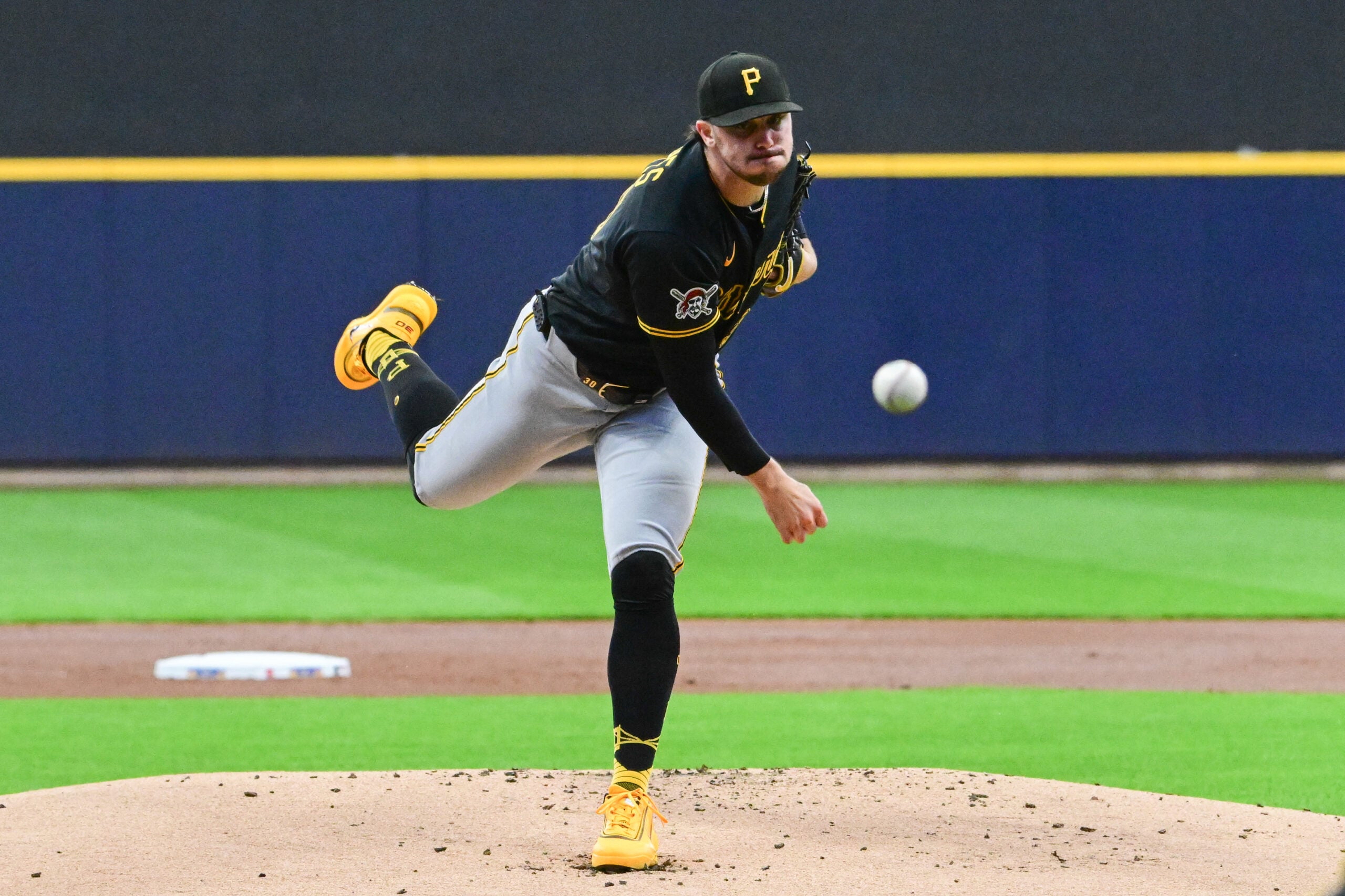 Apr 24, 2026; Milwaukee, Wisconsin, USA; Pittsburgh Pirates starting pitcher Paul Skenes (30) throws a pitch in the first inning against the Milwaukee Brewers at American Family Field. Mandatory Credit: Benny Sieu-Imagn Images