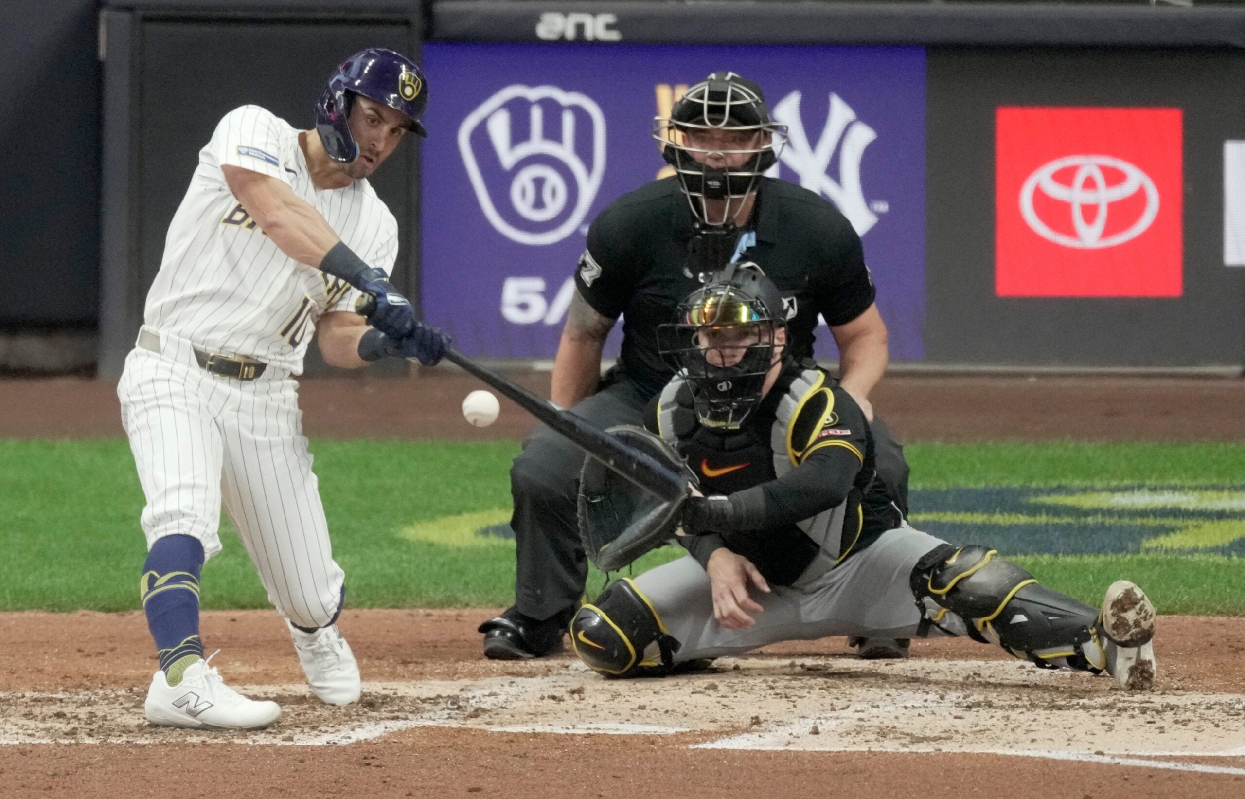 Milwaukee Brewers right fielder Sal Frelick (10) hits a sacrifice fly during the fourth inning of their game against the Pittsburgh Pirates Saturday, April 25, 2026 at American Family Field in Milwaukee, Wisconsin.
