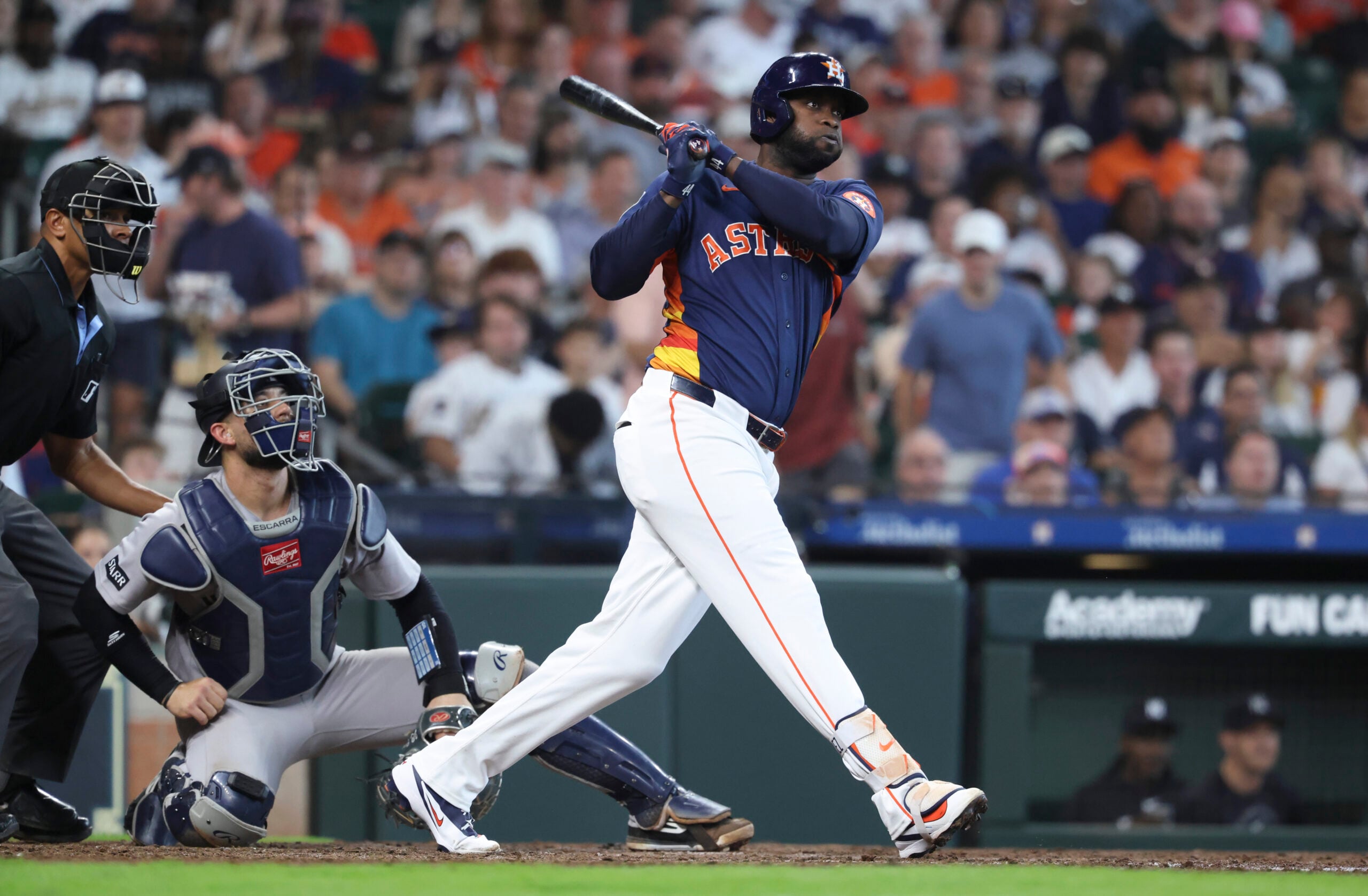 Apr 26, 2026; Houston, Texas, USA; Houston Astros designated hitter Yordan Alvarez (44) hits a double during the fifth inning against the New York Yankees at Daikin Park. Mandatory Credit: Troy Taormina-Imagn Images