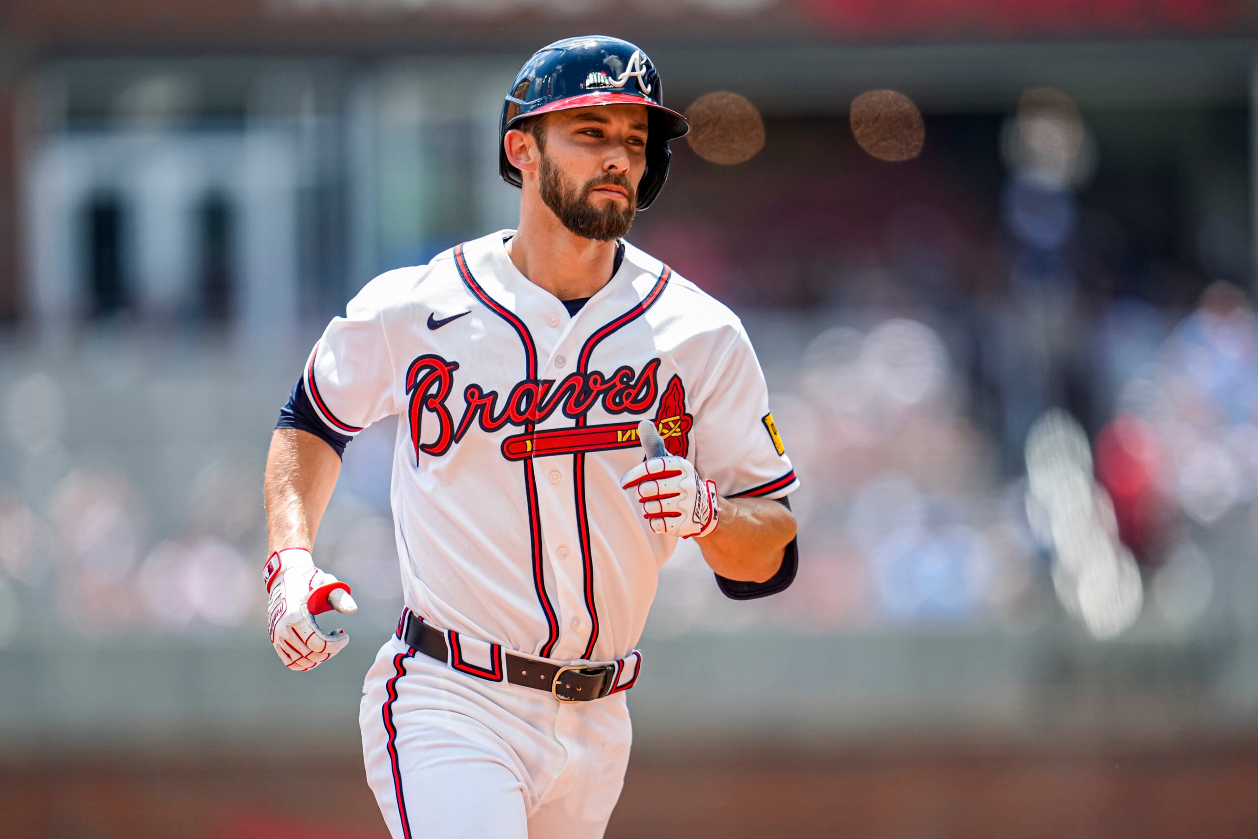 Apr 26, 2026; Cumberland, Georgia, USA; Atlanta Braves center fielder Eli White (36) runs the bases after hitting a two run home run against the Philadelphia Phillies during the second inning at Truist Park. Mandatory Credit: Dale Zanine-Imagn Images