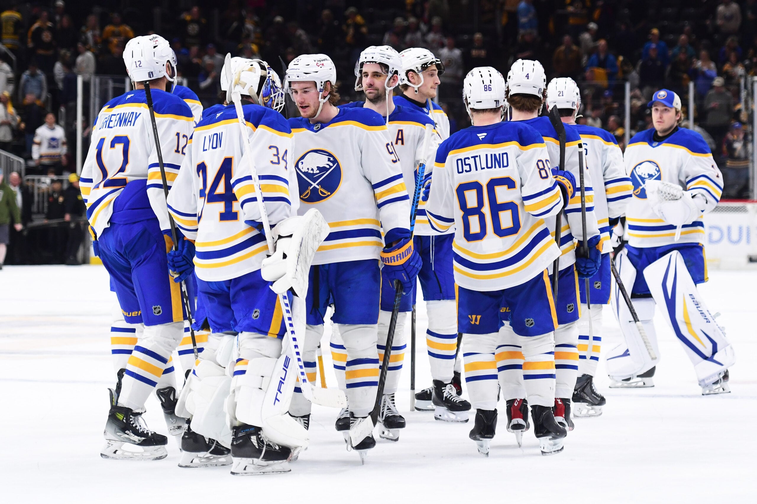 Apr 26, 2026; Boston, Massachusetts, USA; The Buffalo Sabres celebrate their win over the Boston Bruins in game four of the first round of the 2026 Stanley Cup Playoffs at TD Garden. Mandatory Credit: Bob DeChiara-Imagn Images