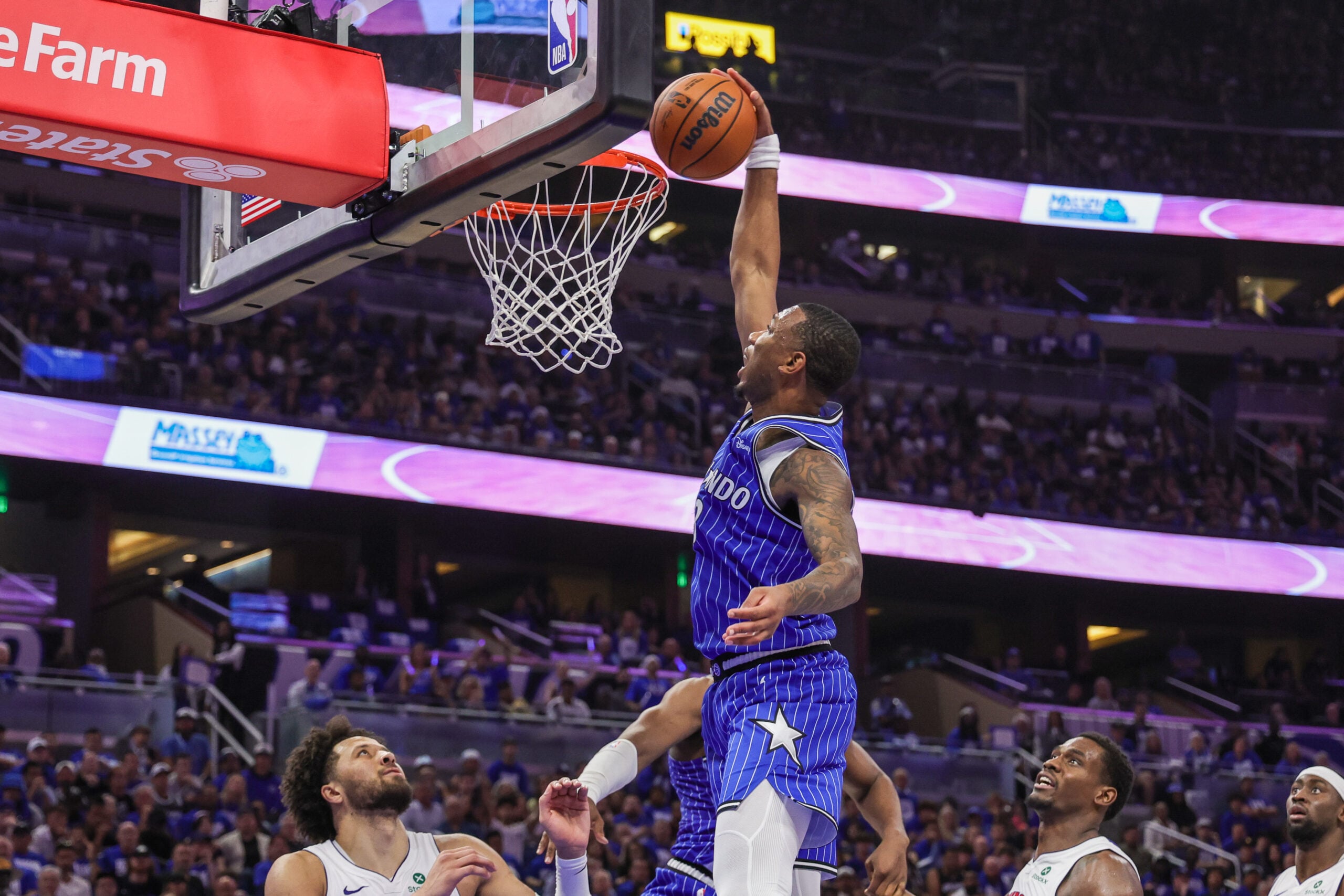 Apr 27, 2026; Orlando, Florida, USA; Orlando Magic forward Jamal Cain (8) dunks during the second half against the Detroit Pistons during game four of the first round of the 2026 NBA Playoffs at Kia Center. Mandatory Credit: Mike Watters-Imagn Images