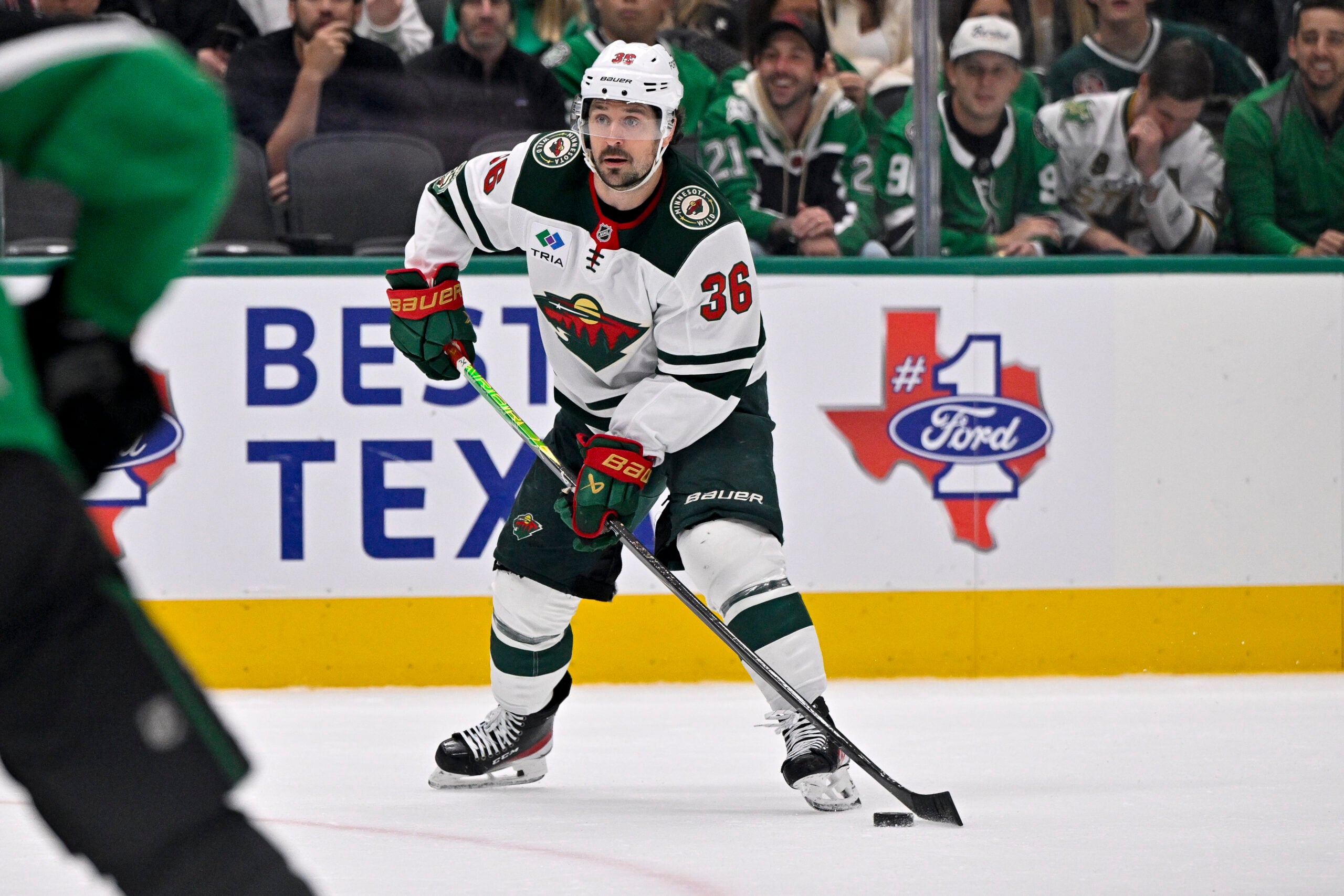 Apr 28, 2026; Dallas, Texas, USA; Minnesota Wild right wing Mats Zuccarello (36) skates against the Dallas Stars during the first period in game five of the first round of the 2026 Stanley Cup Playoffs at American Airlines Center. Mandatory Credit: Jerome Miron-Imagn Images