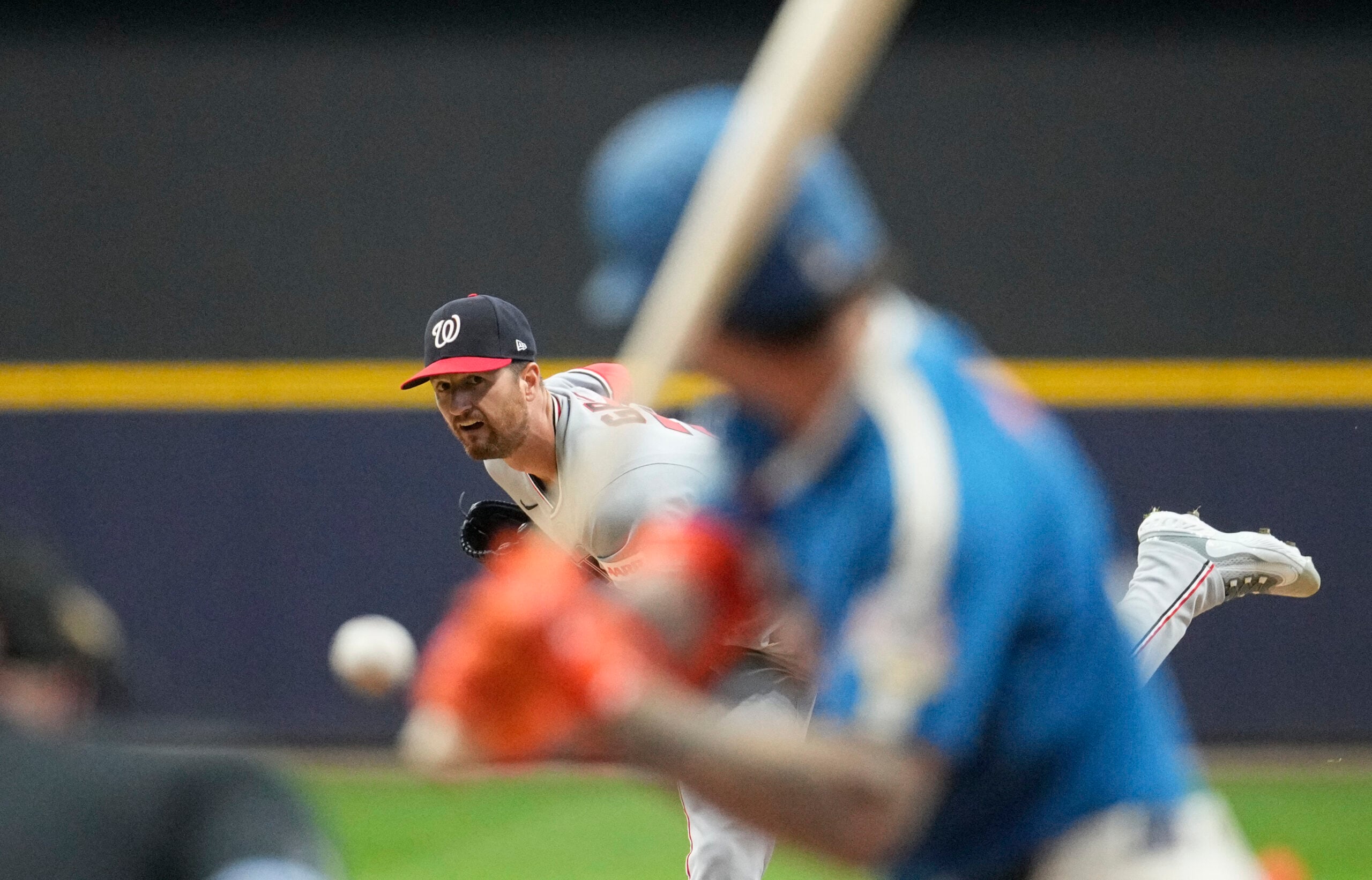 Apr 11, 2026; Milwaukee, Wisconsin, USA; Washington Nationals pitcher Foster Griffin (22) delivers a pitch against the Milwaukee Brewers in the first inning at American Family Field. Mandatory Credit: Michael McLoone-Imagn Images