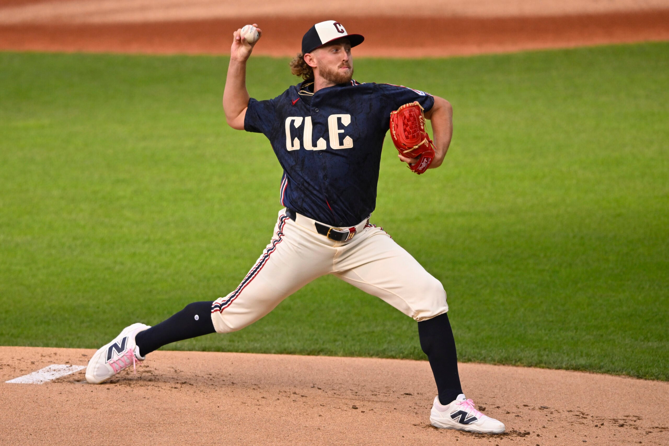 Apr 17, 2026; Cleveland, Ohio, USA; Cleveland Guardians starting pitcher Tanner Bibee (28) delivers a pitch in the first inning against the Baltimore Orioles at Progressive Field. Mandatory Credit: David Richard-Imagn Images