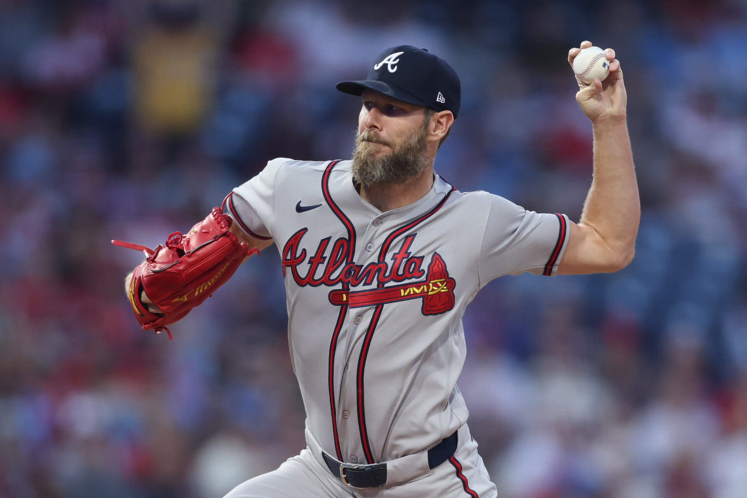 Apr 18, 2026; Philadelphia, Pennsylvania, USA; Atlanta Braves pitcher Chris Sale (51) throws a pitch against the Philadelphia Phillies during the first inning at Citizens Bank Park. Mandatory Credit: Bill Streicher-Imagn Images