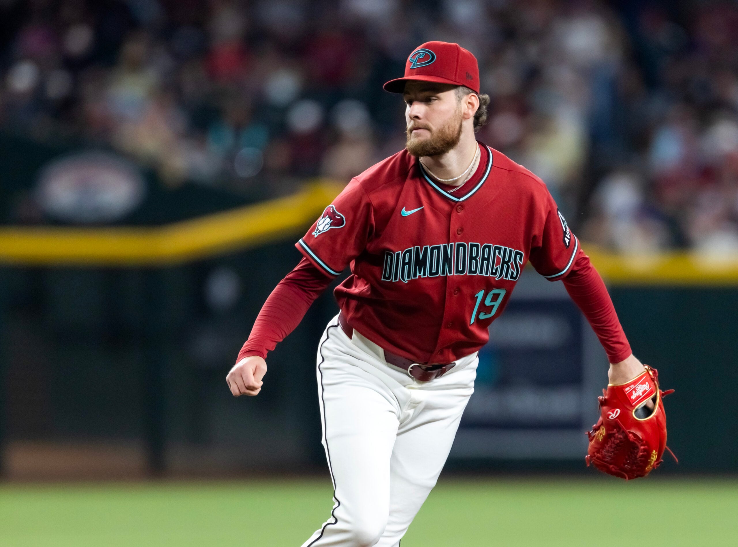 Apr 19, 2026; Phoenix, Arizona, USA; Arizona Diamondbacks pitcher Ryne Nelson in the first inning against the Toronto Blue Jays at Chase Field. Mandatory Credit: Mark J. Rebilas-Imagn Images