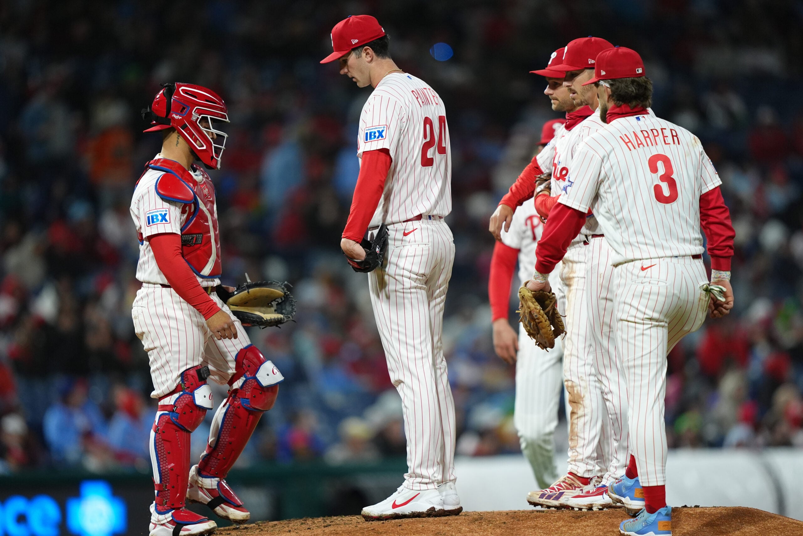 Apr 19, 2026; Philadelphia, Pennsylvania, USA; Philadelphia Phillies starting pitcher Andrew Painter (24) reacts after being removed from the game against the Atlanta Braves in the fifth inning at Citizens Bank Park. Mandatory Credit: Kyle Ross-Imagn Images