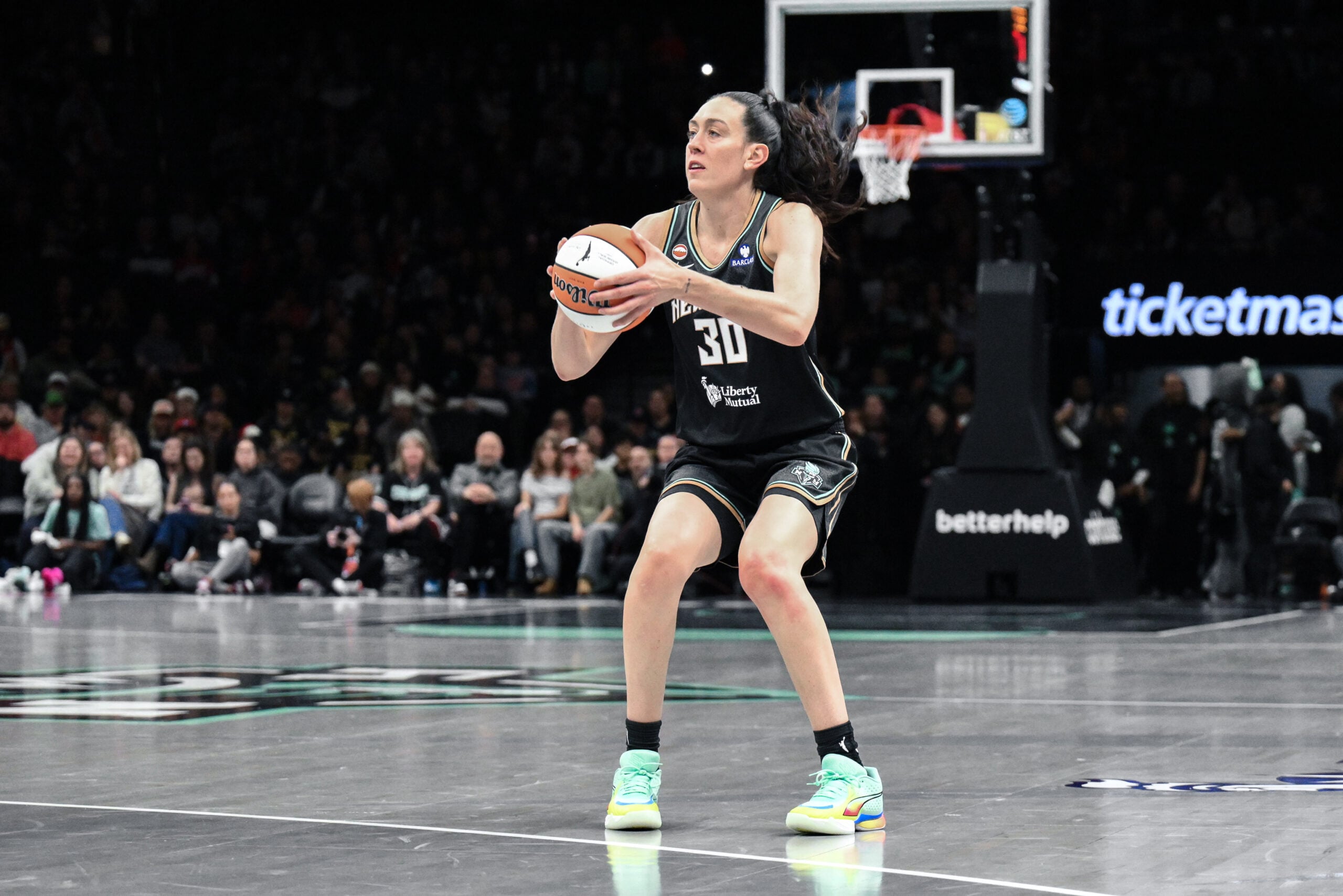 Apr 25, 2026; Brooklyn, NY, USA; New York Liberty forward Breanna Stewart (30) sets to shoot the ball against the Indiana Fever during the first half at Barclays Center. Mandatory Credit: John Jones-Imagn Images