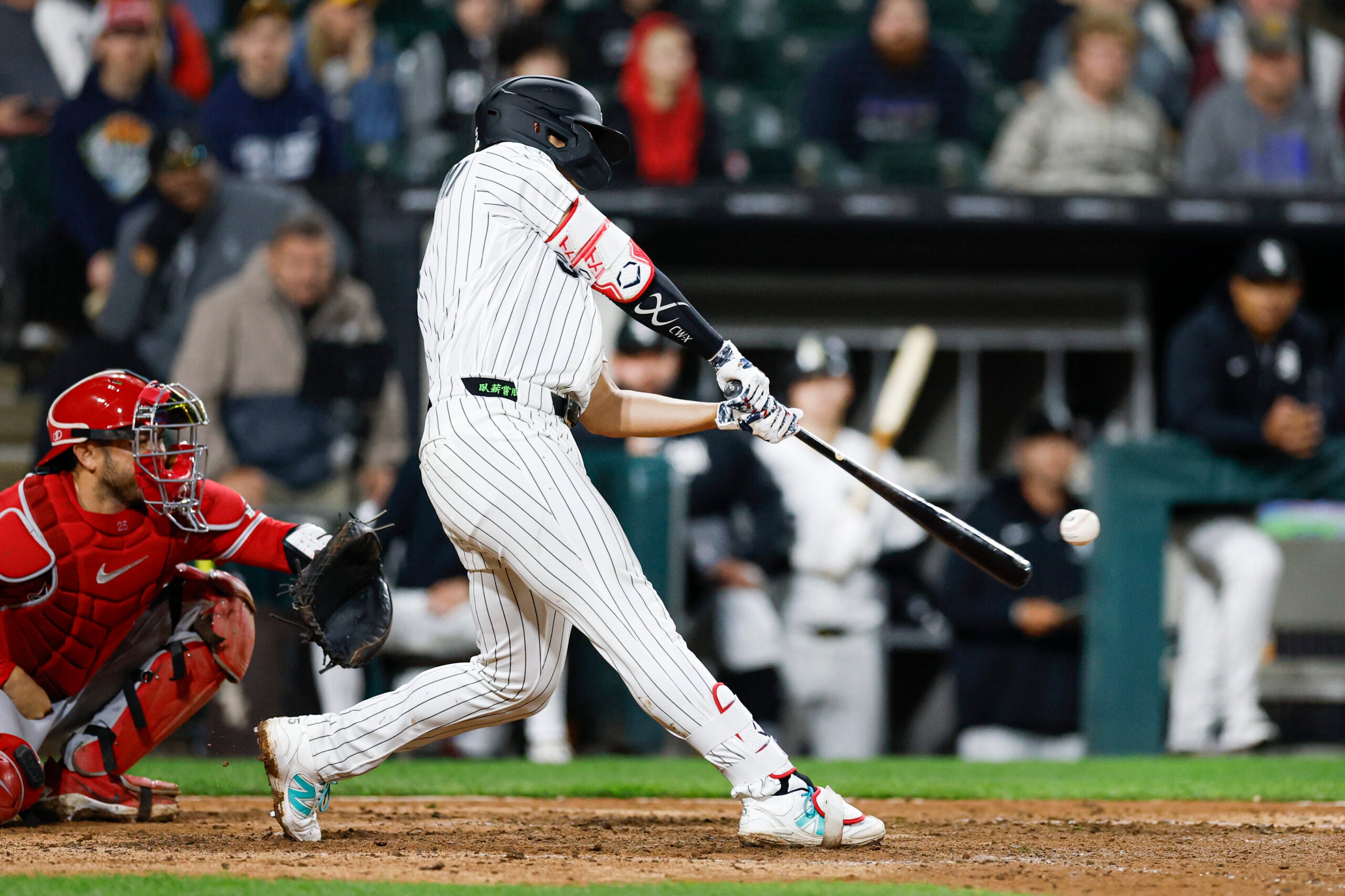 Apr 27, 2026; Chicago, Illinois, USA; Chicago White Sox first baseman Munetaka Murakami (5) hits a three-run home run against the Los Angeles Angels during the seventh inning at Rate Field. Mandatory Credit: Kamil Krzaczynski-Imagn Images