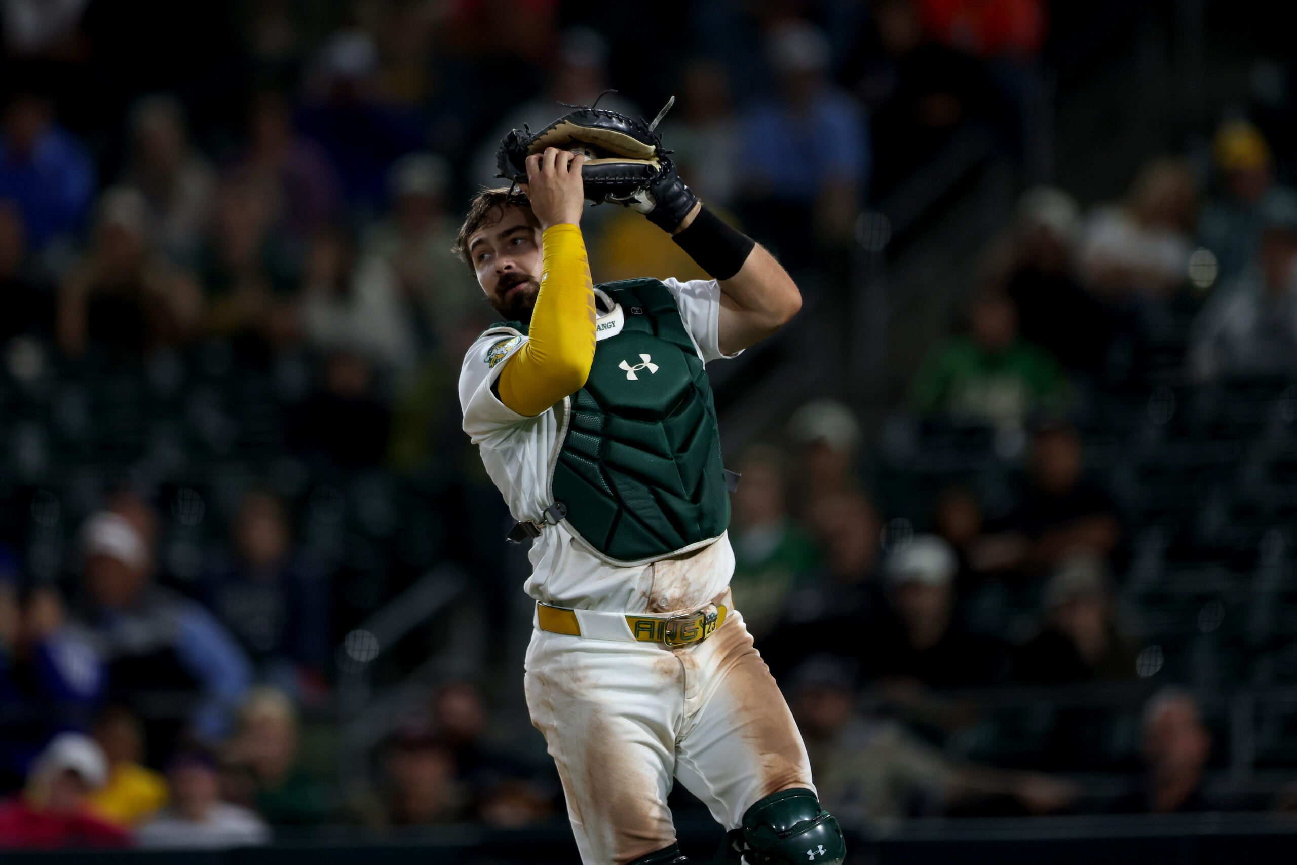 Apr 28, 2026; West Sacramento, California, USA; Athletics catcher Shea Langeliers (23) catches a ball in foul territory in a game against the Kansas City Royals during the tenth inning at Sutter Health Park. Mandatory Credit: Dennis Lee-Imagn Images