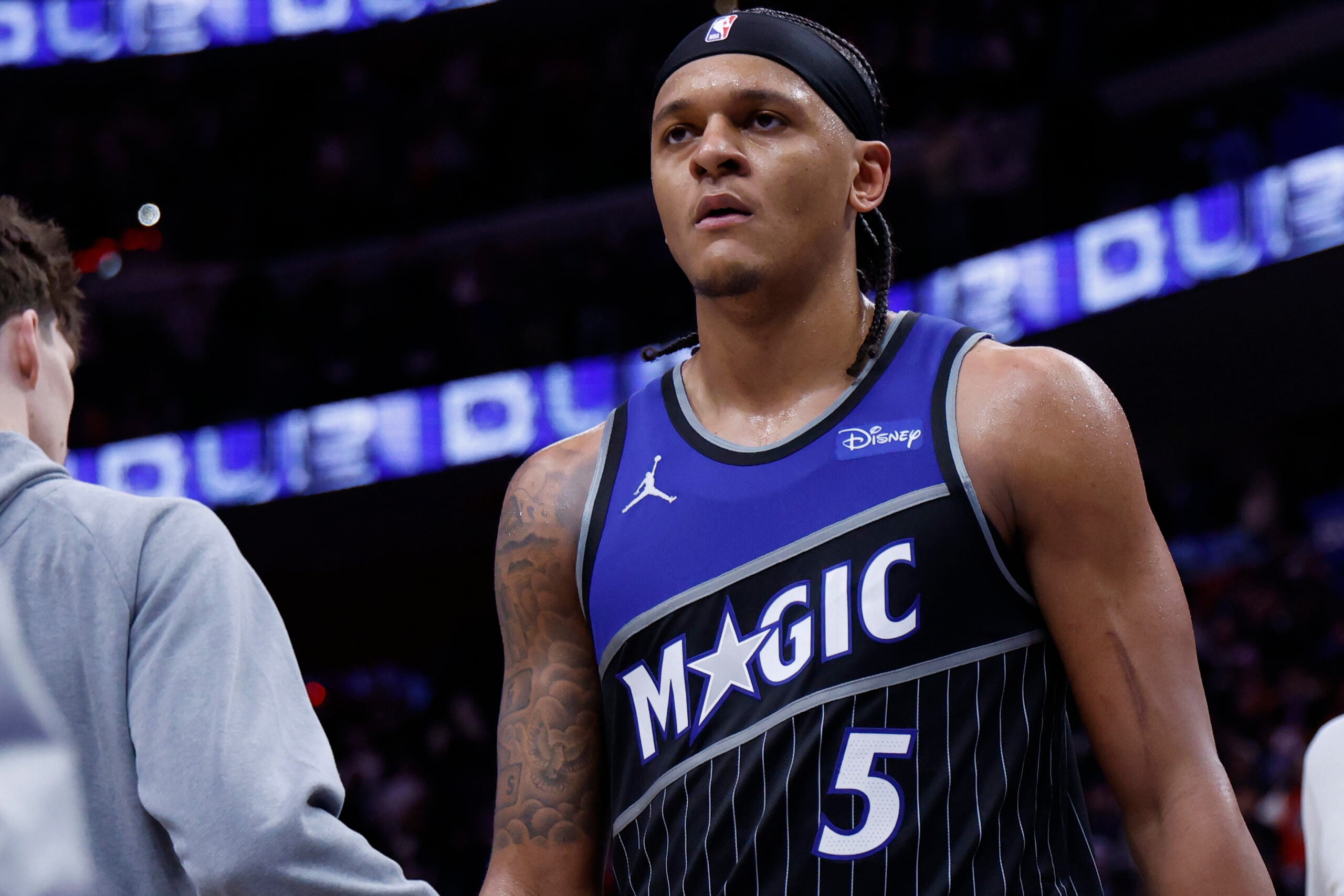 Apr 29, 2026; Detroit, Michigan, USA; Orlando Magic forward Paolo Banchero (5) walks off the court after the game against the Detroit Pistons during game five of the first round of the 2026 NBA Playoffs at Little Caesars Arena. Mandatory Credit: Rick Osentoski-Imagn Images