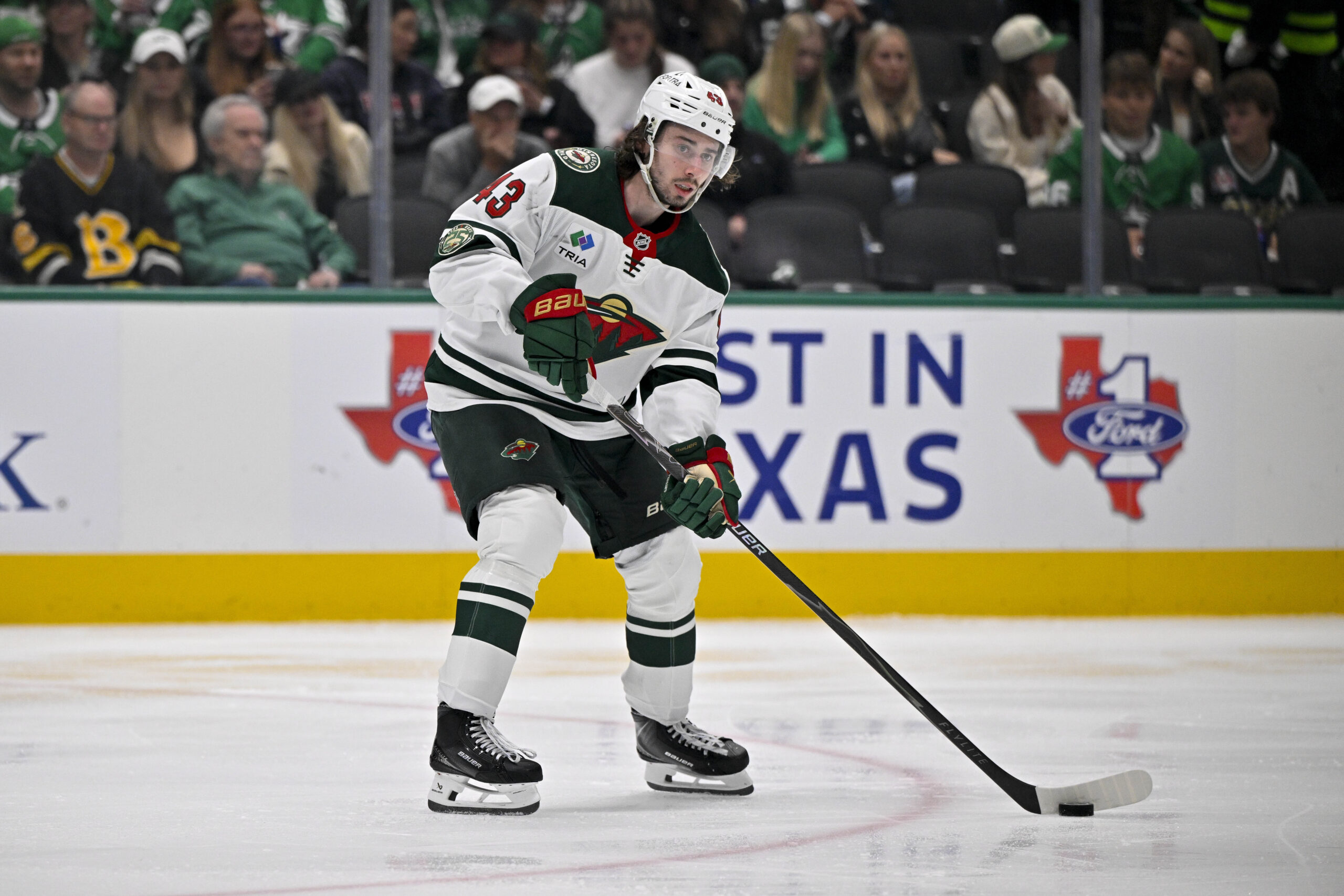 Apr 28, 2026; Dallas, Texas, USA; Minnesota Wild defenseman Quinn Hughes (43) skates against the Dallas Stars in game five of the first round of the 2026 Stanley Cup Playoffs at American Airlines Center. Mandatory Credit: Jerome Miron-Imagn Images