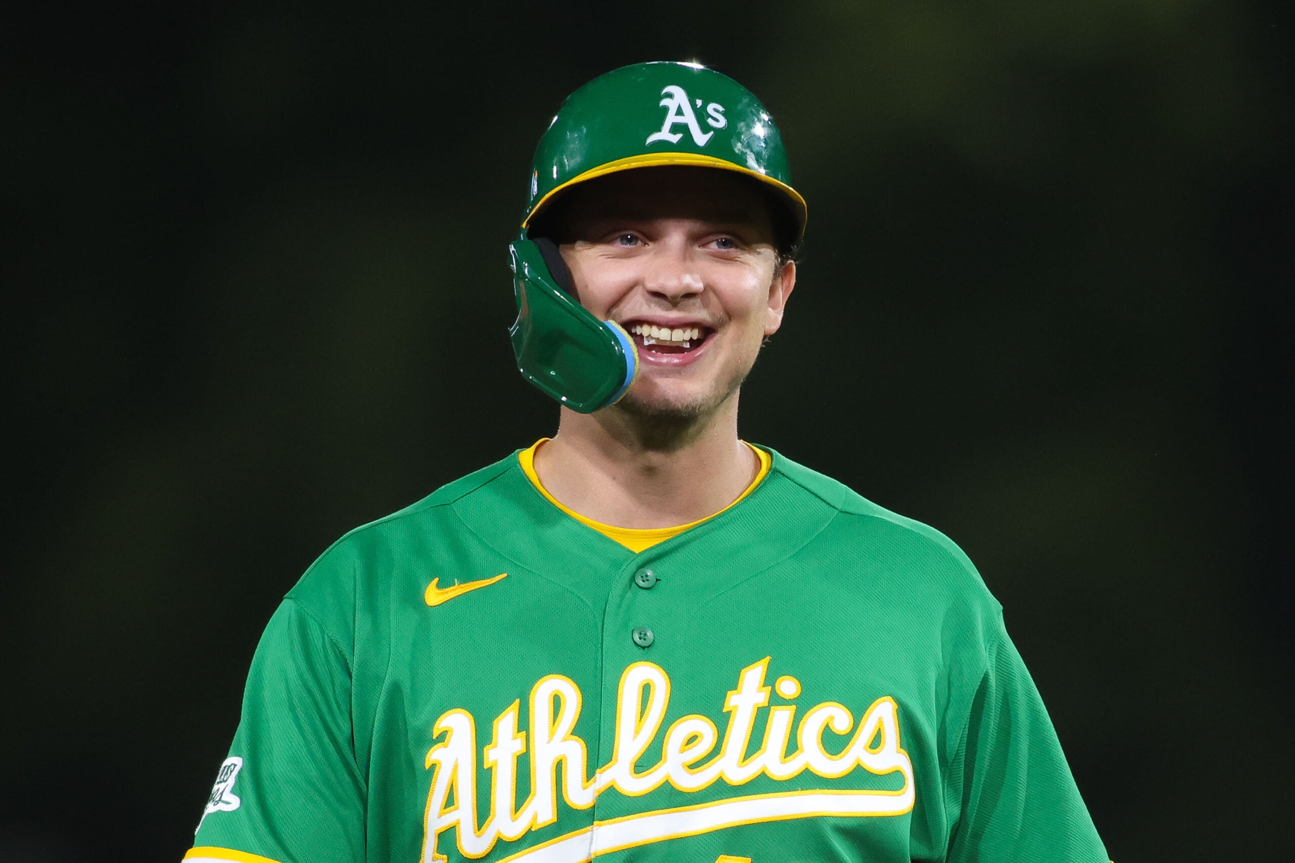 May 1, 2026; West Sacramento, California, USA; Athletics first baseman Nick Kurtz (16) smiles during a pitching change during the seventh inning against the Cleveland Guardians at Sutter Health Park. Mandatory Credit: Scott Marshall-Imagn Images