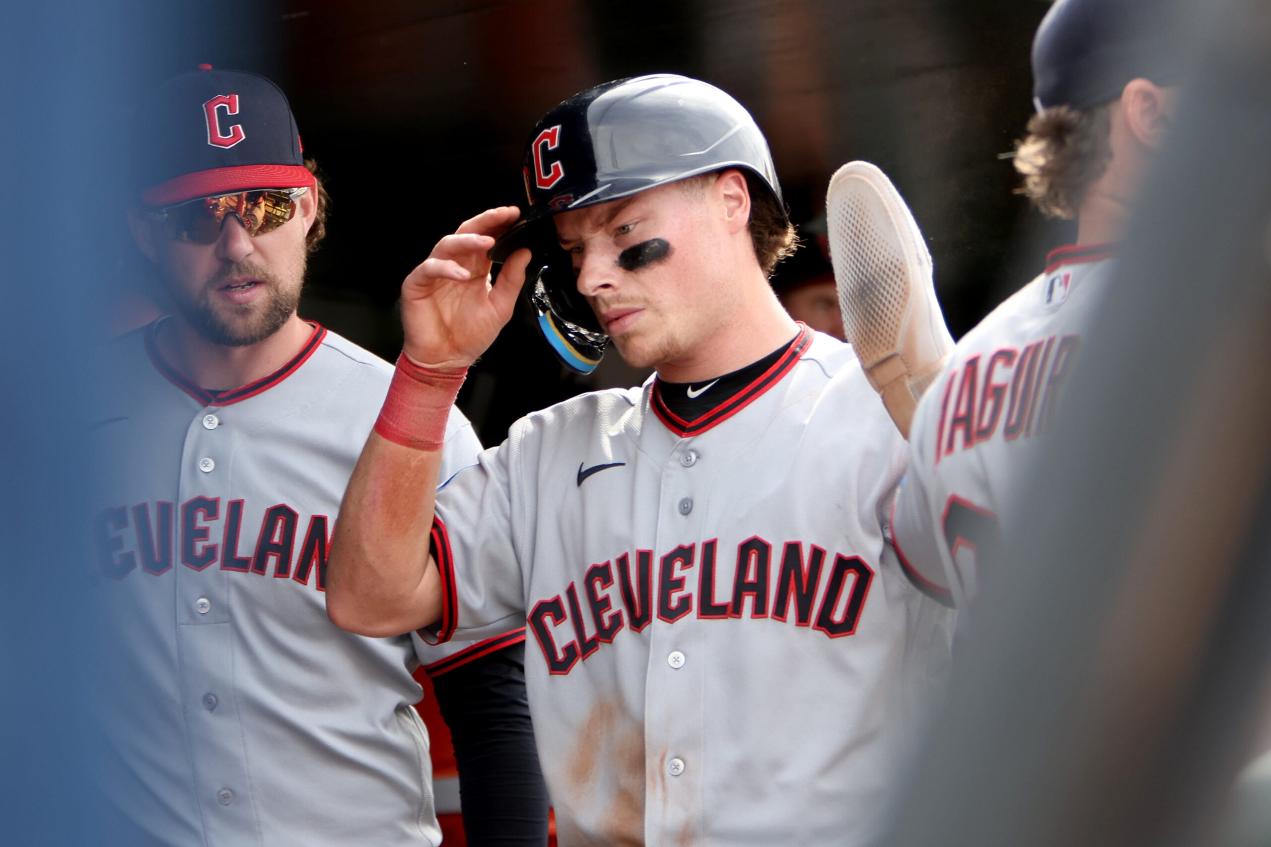 May 2, 2026; West Sacramento, California, USA; Cleveland Guardians second baseman Travis Bazzana (37) is congratulated by teammates after scoring a run against the Athletics during the ninth inning at Sutter Health Park. Mandatory Credit: Dennis Lee-Imagn Images