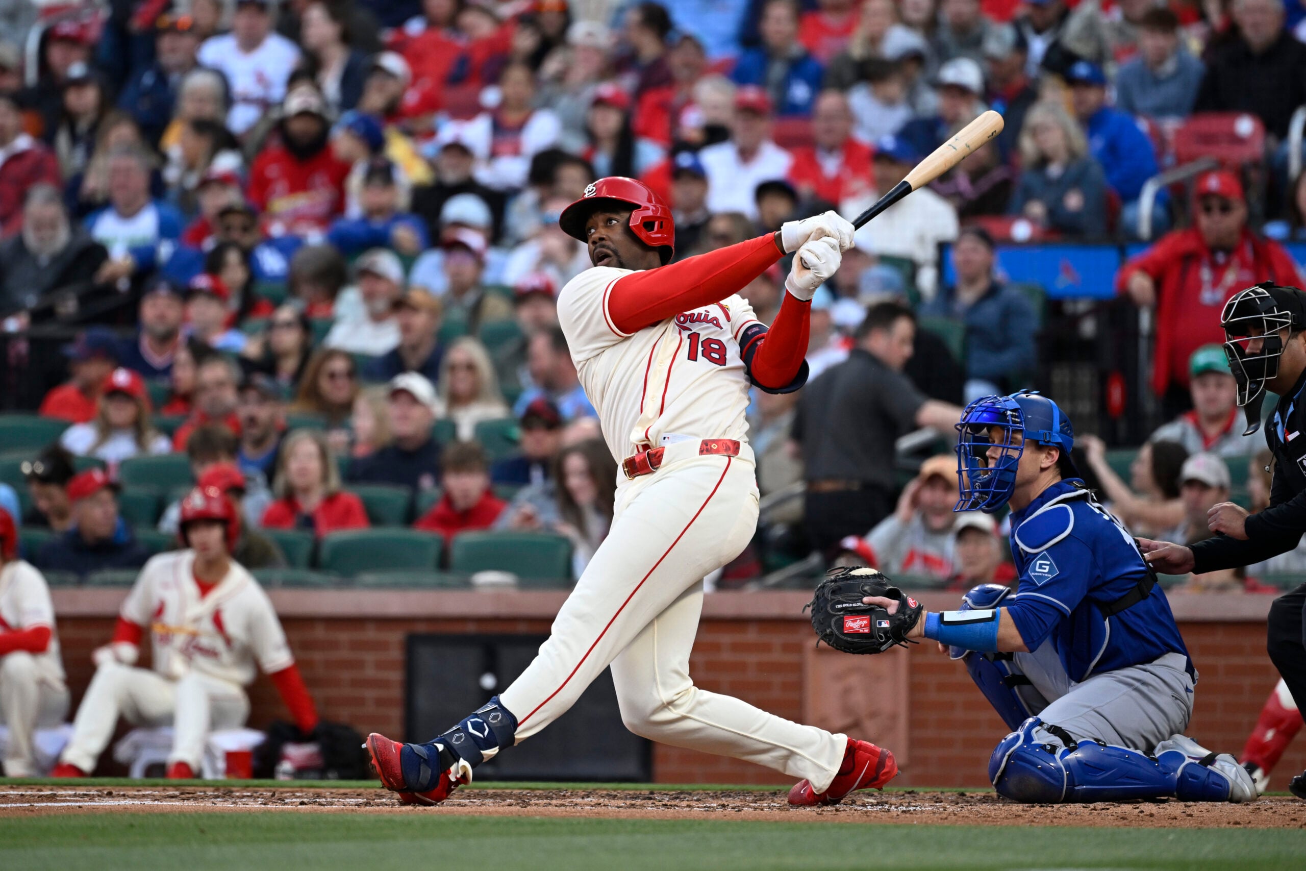 May 2, 2026; St. Louis, Missouri, USA; St. Louis Cardinals right fielder Jordan Walker (18) hits a two-run home run against the Los Angeles Dodgers in the third inning at Busch Stadium. Mandatory Credit: Joe Puetz-Imagn Images
