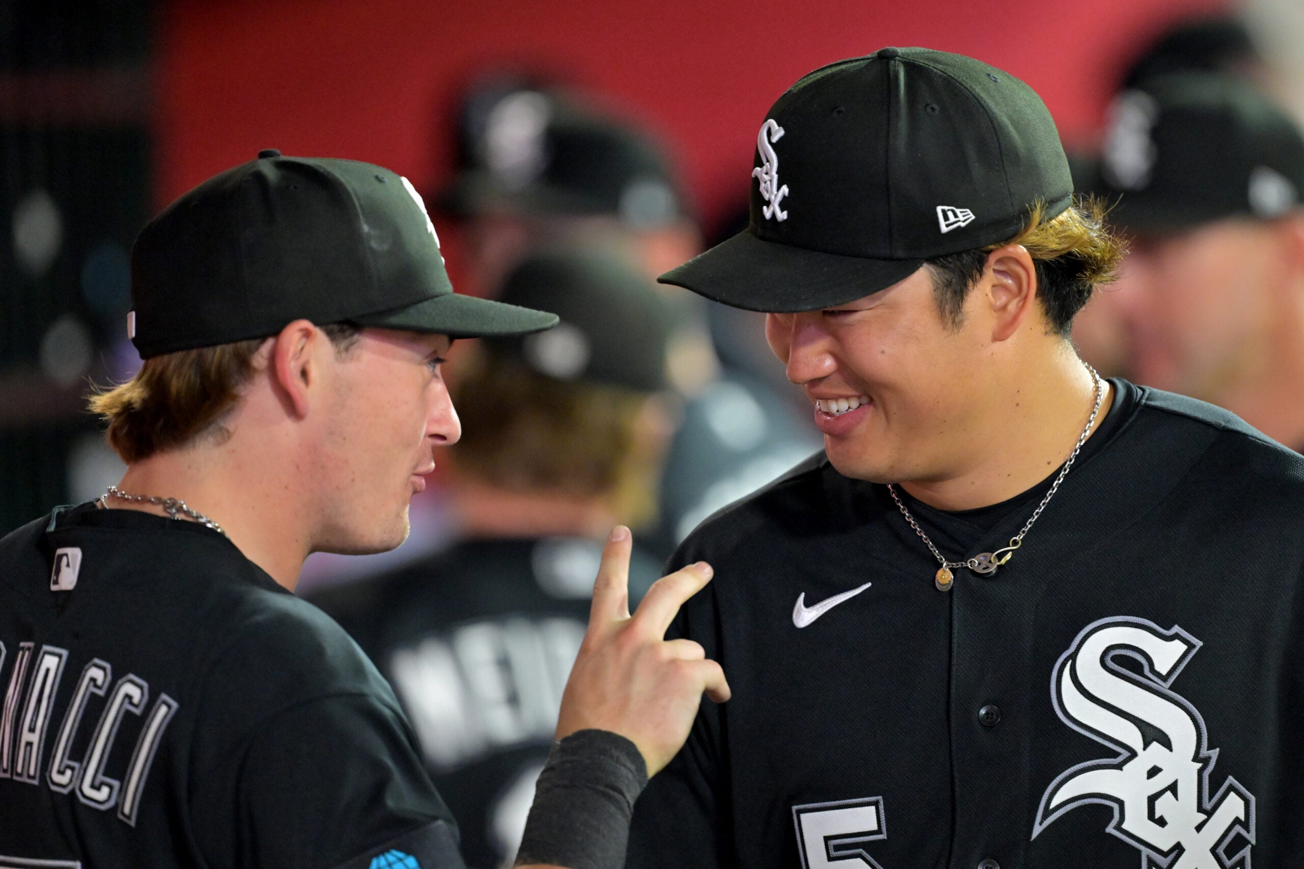May 4, 2026; Anaheim, California, USA;  Chicago White Sox left fielder Sam Antonacci (17) talks with first baseman Munetaka Murakami (5) in the dugout after defeating the Los Angeles Angels at Angel Stadium. Mandatory Credit: Jayne Kamin-Oncea-Imagn Images