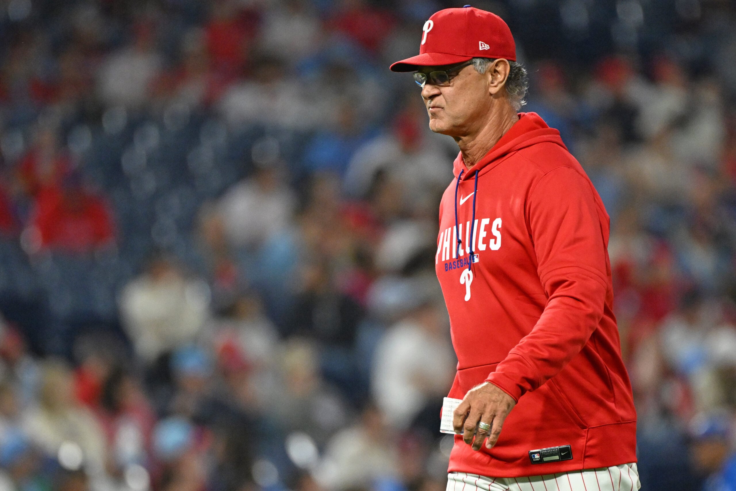 May 6, 2026; Philadelphia, Pennsylvania, USA; Philadelphia Phillies interim manger coach Don Mattingly (8) walks off the field after making a pitching change against the Athletics during the eighth inning at Citizens Bank Park. Mandatory Credit: Eric Hartline-Imagn Images
