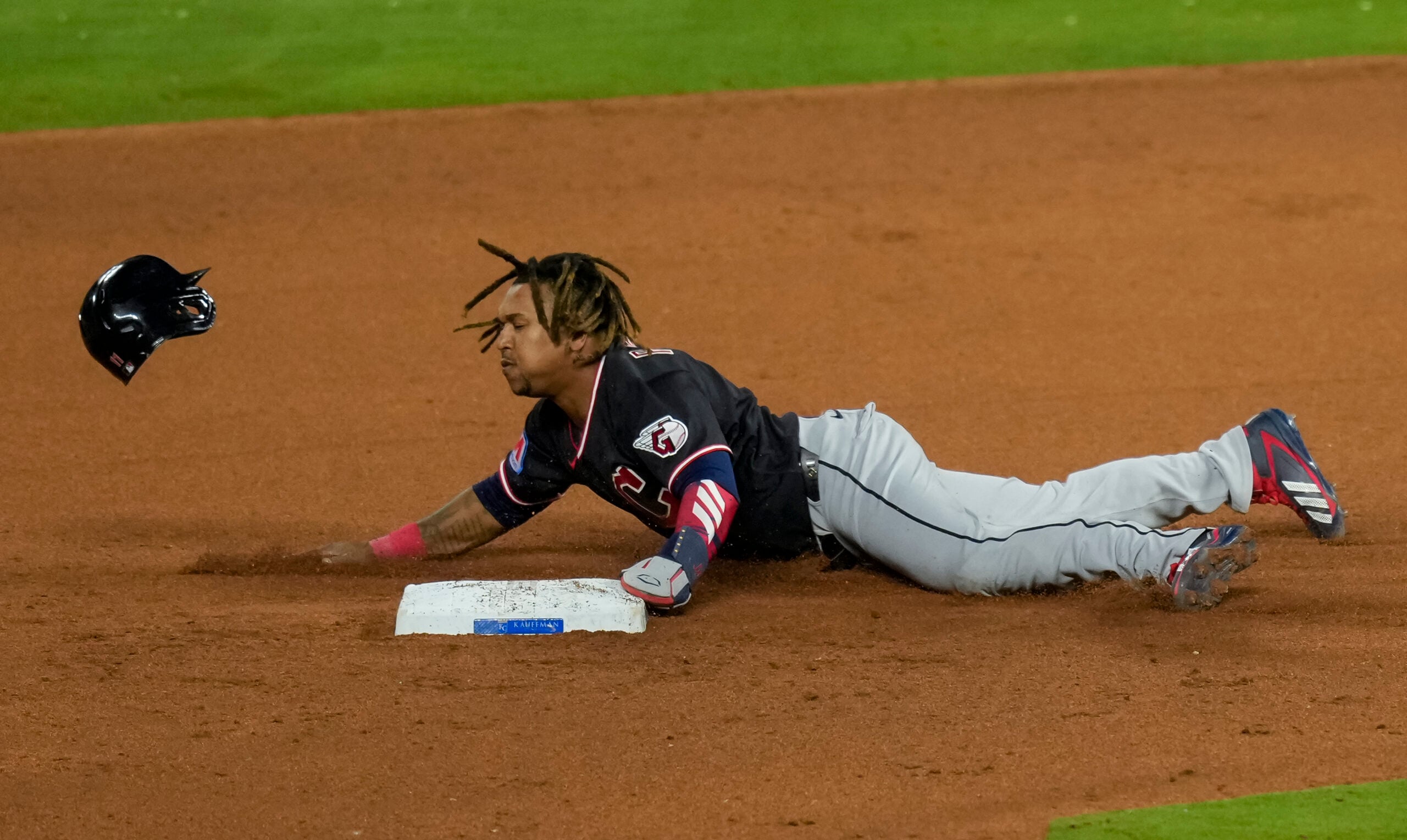 May 6, 2026; Kansas City, Missouri, USA; Cleveland Guardians third baseman José Ramírez (11) steals second base during the eighth inning against the Kansas City Royals at Kauffman Stadium. Mandatory Credit: Jay Biggerstaff-Imagn Images