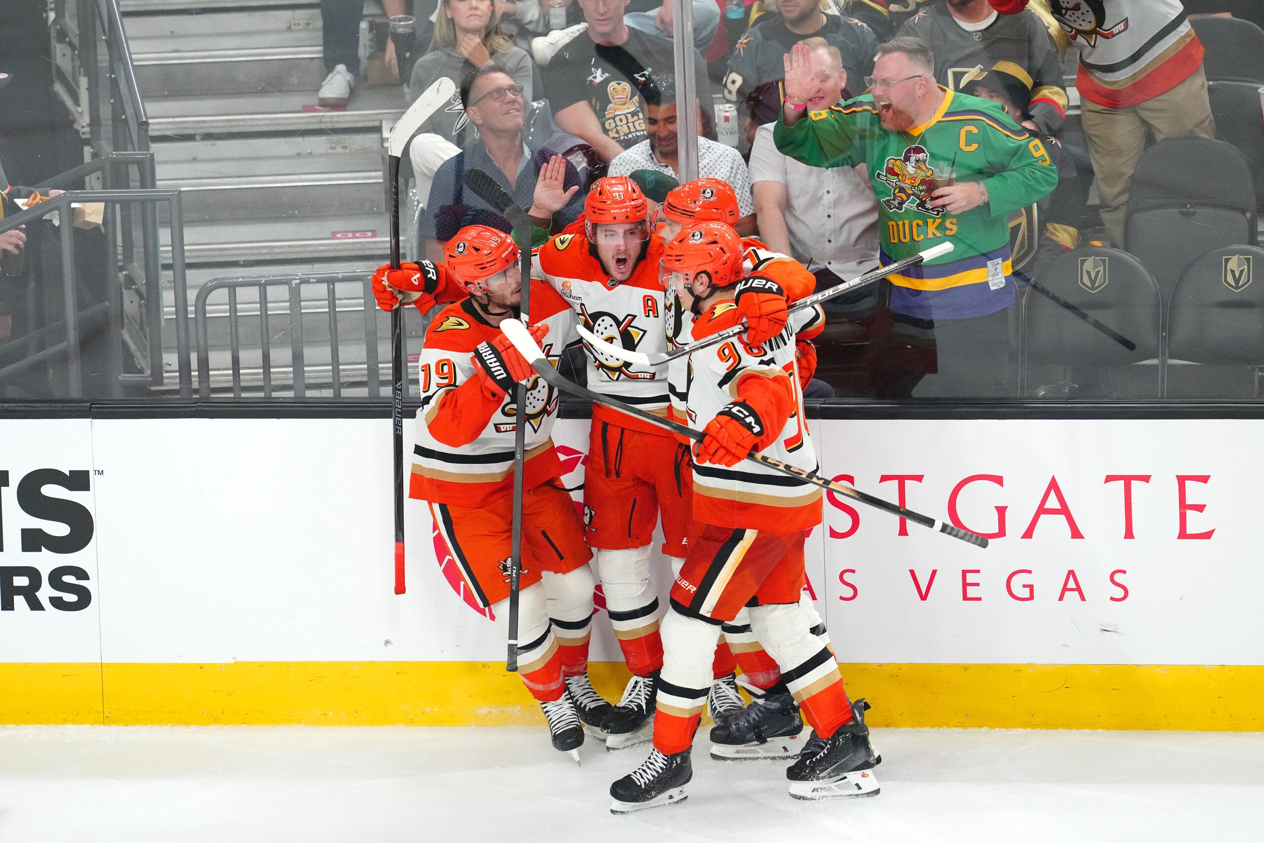 May 6, 2026; Las Vegas, Nevada, USA; Anaheim Ducks center Leo Carlsson (91) celebrates with team mates after scoring a goal against the Vegas Golden Knights during the third period of game two of the second round of the 2026 Stanley Cup Playoffs at T-Mobile Arena. Mandatory Credit: Stephen R. Sylvanie-Imagn Images