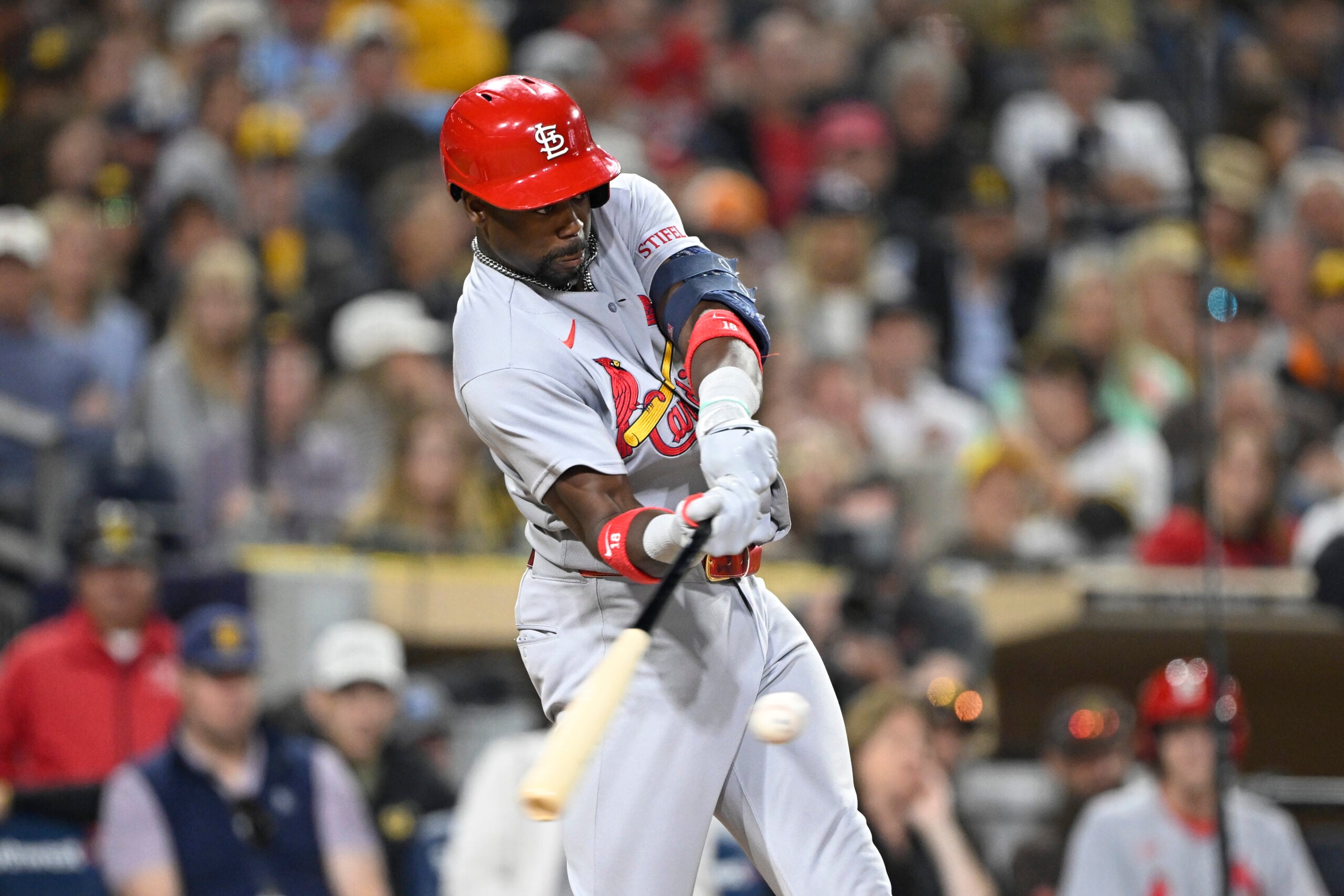 May 7, 2026; San Diego, California, USA; St. Louis Cardinals right fielder Jordan Walker (18) hits a double during the ninth inning against the San Diego Padres at Petco Park. Mandatory Credit: Denis Poroy-Imagn Images